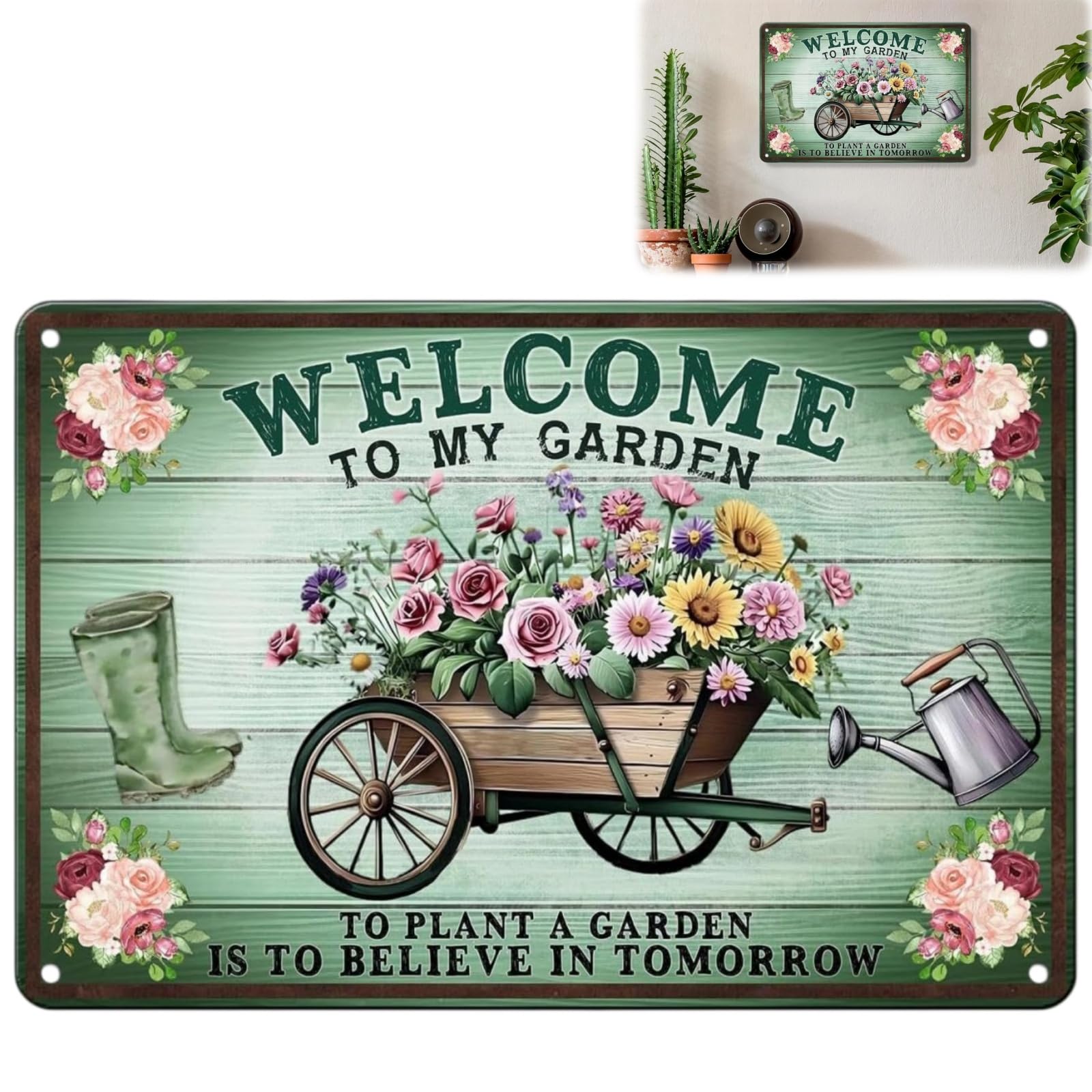 Vintage Metal Garden Sign,Welcome To My Garden Metal Sign,G-arden Plaques For Outside,Iron Art Hanging Plaque,With Pastoral Floral Design,Vintage Decor,For G-arden Fence Yard Porch Door,30x20cm