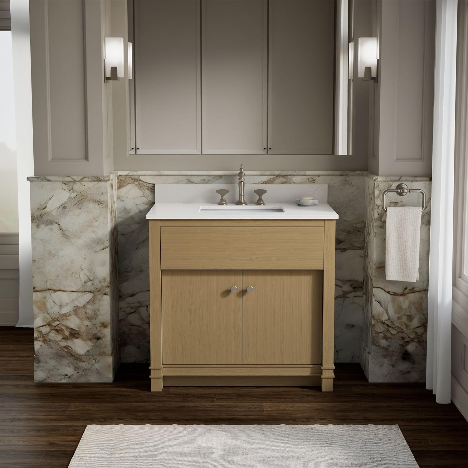 Kohler 33266-WEK Alouette™ 36" Bathroom Vanity Cabinet with Sink and Quartz top, Light Oak