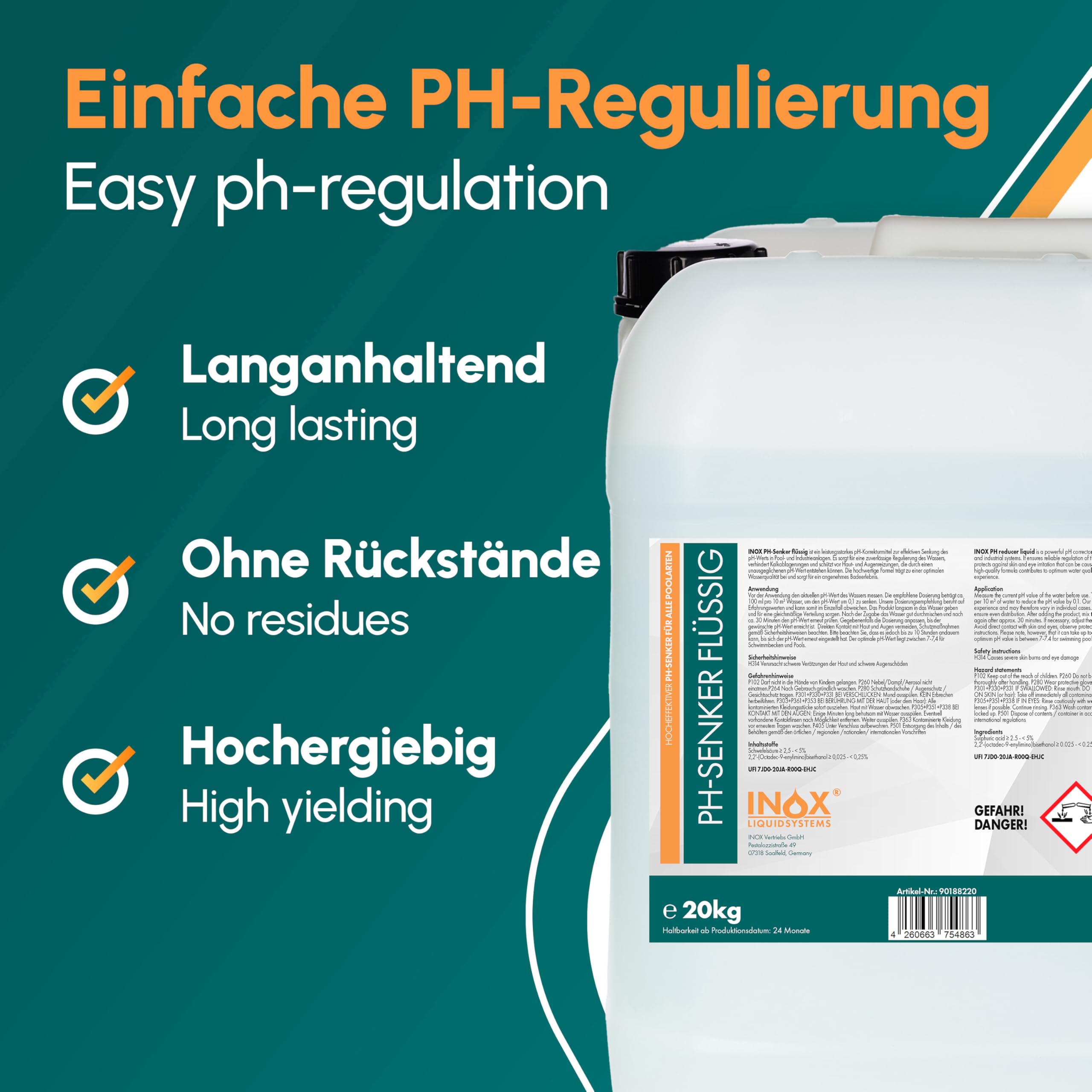 INOX pH Minus Flüssig 20 kg pH-Senker für Pool Whirlpool Wasserpflege Made in Germany