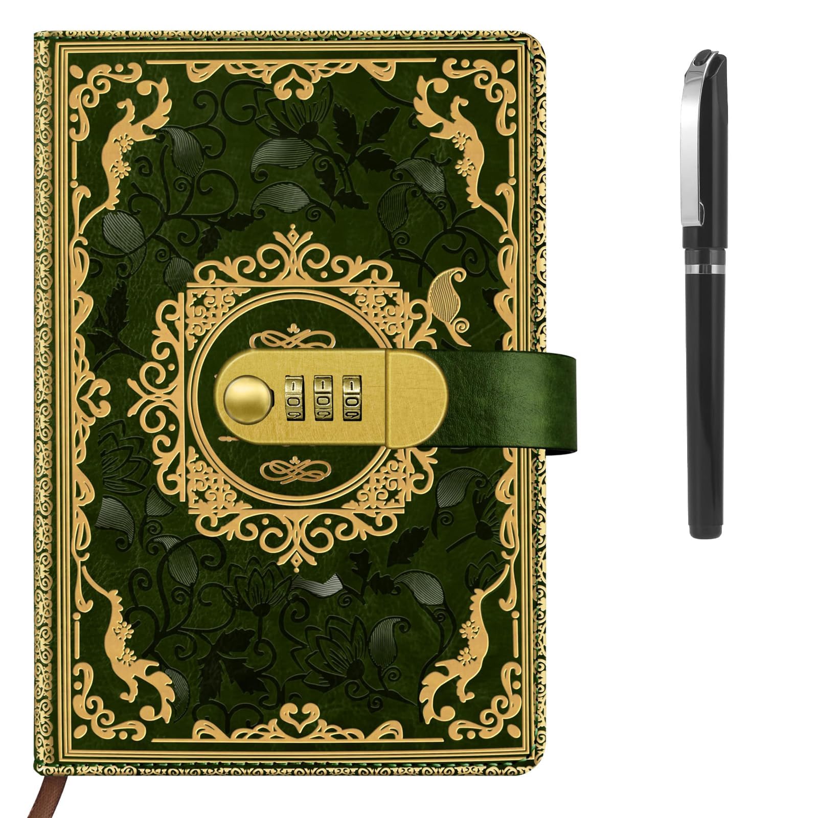 NIFTYY A5 Password Journal with Pen, Vintage Leather Look Combination Lock Diary for Women & Girls, 200 Pages Lined Notebook for Travel, Writing, Office, School (green)