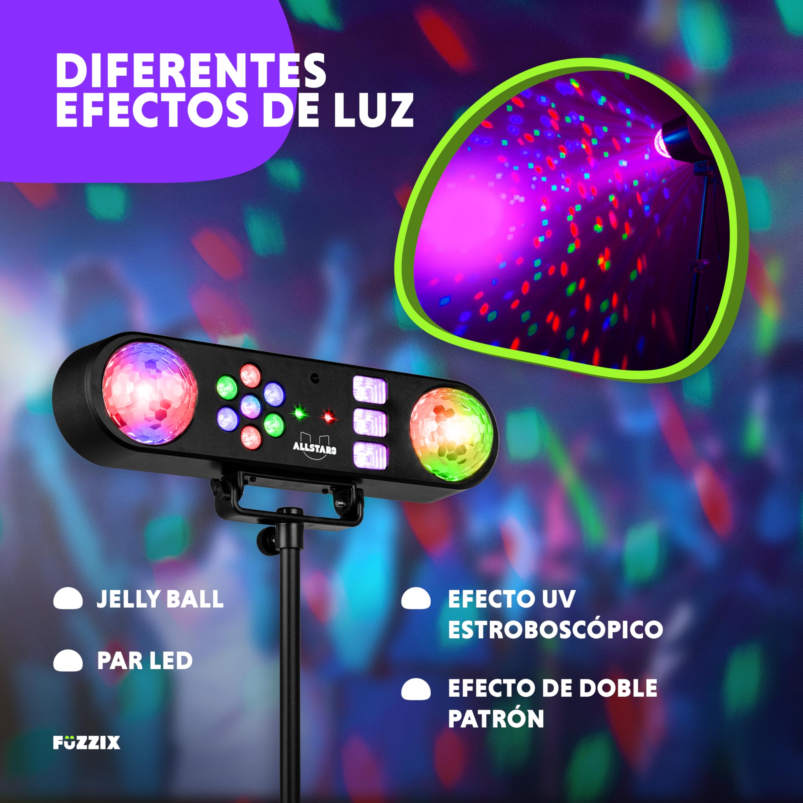 Fuzzix AllStar3 Party Bar - Barra de luces LED RGB con Jelly Ball giratorias, efecto wash, estroboscópico UV/blanco, control remoto, trípode ajustable y modo automático o musical