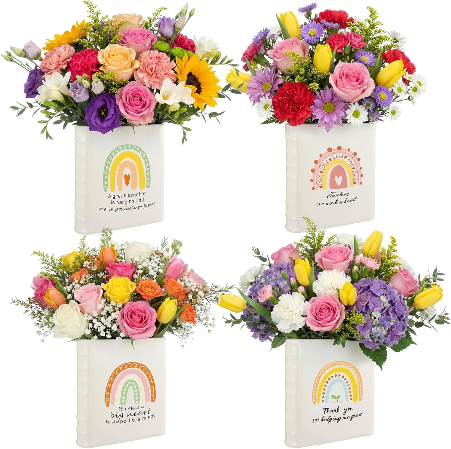 LemonRoad 4 Pcs Teacher Appreciation Gifts Bulk 7.7inch Ceramic Book Shape Vase for Flowers Teacher Flower Vase Thank You Gifts Rainbow Table Decorations for Women Employee Plant Containers