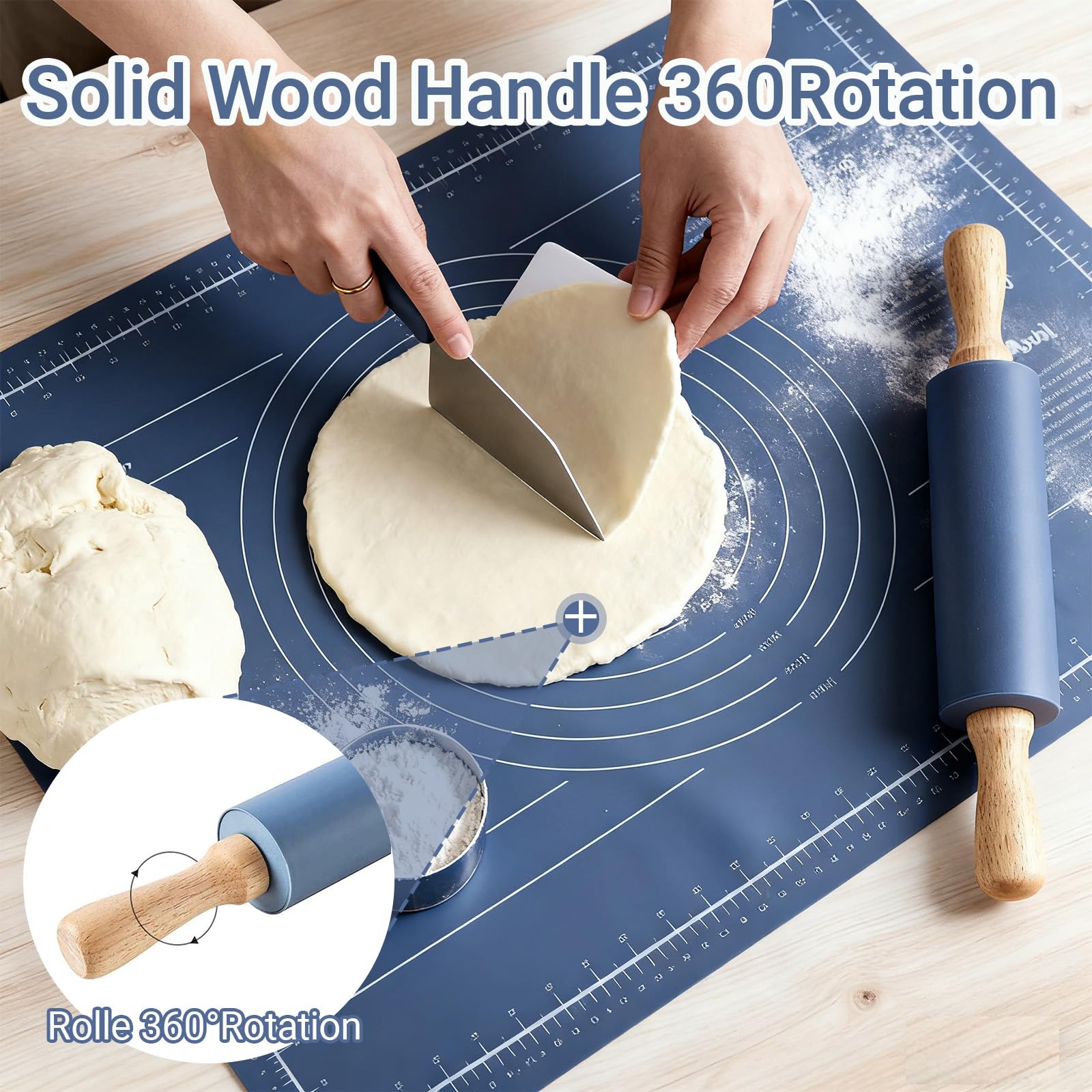 Set Combinato in Silicone E Tappetino in Silicone, 60x40 cm, Mattarello e Blu Tappetino per Impasto + Raschietti + Pennello, Spianatoia Silicone per Pasta, Pizza, Pasticcino