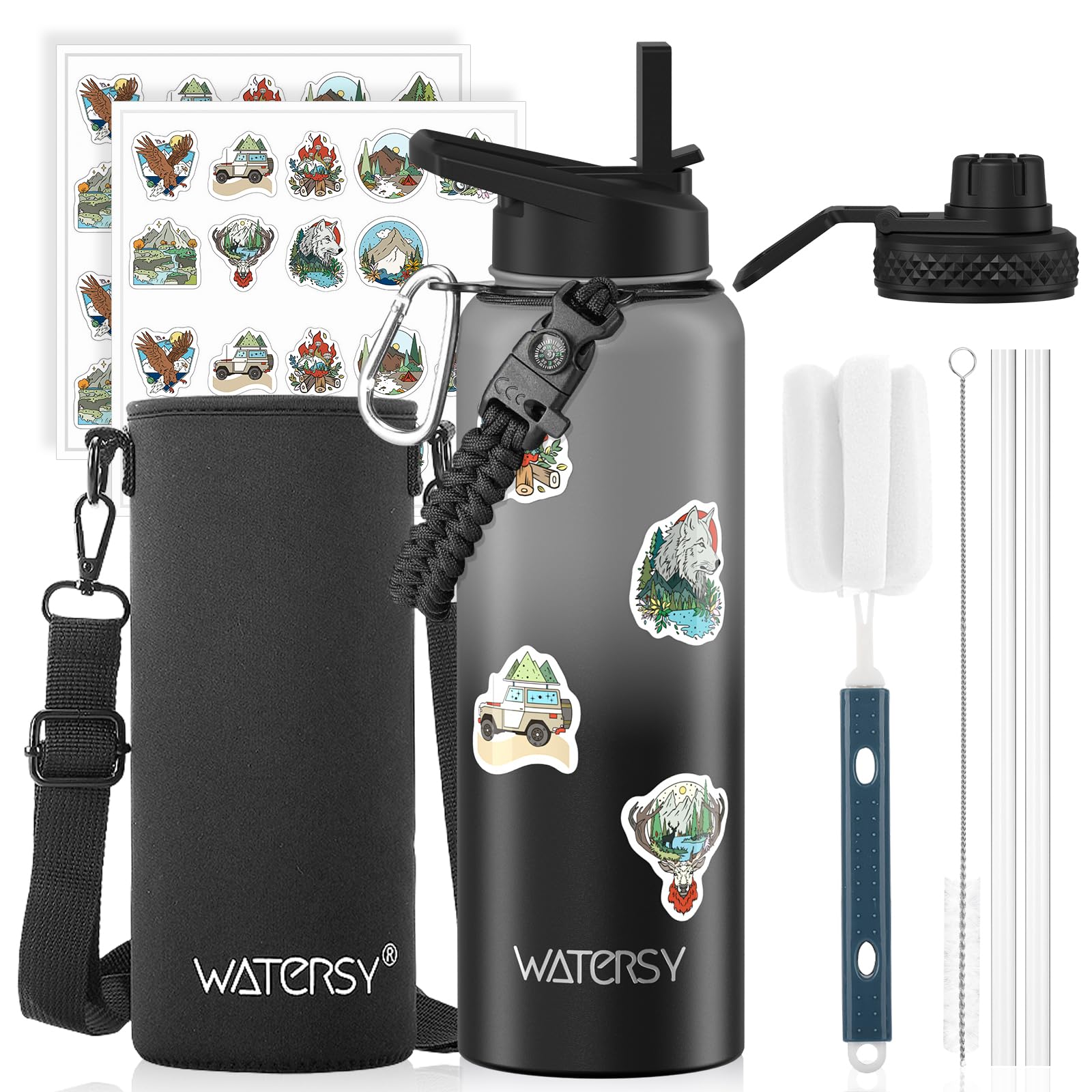 40oz Insulated Water Bottle (Cold for 48 Hrs),BPA Free&Leak Proof,Stainless Steel Water Flask,Water Jug with Straw Spout Lids for Gym,Hiking,Travel,Grey Black