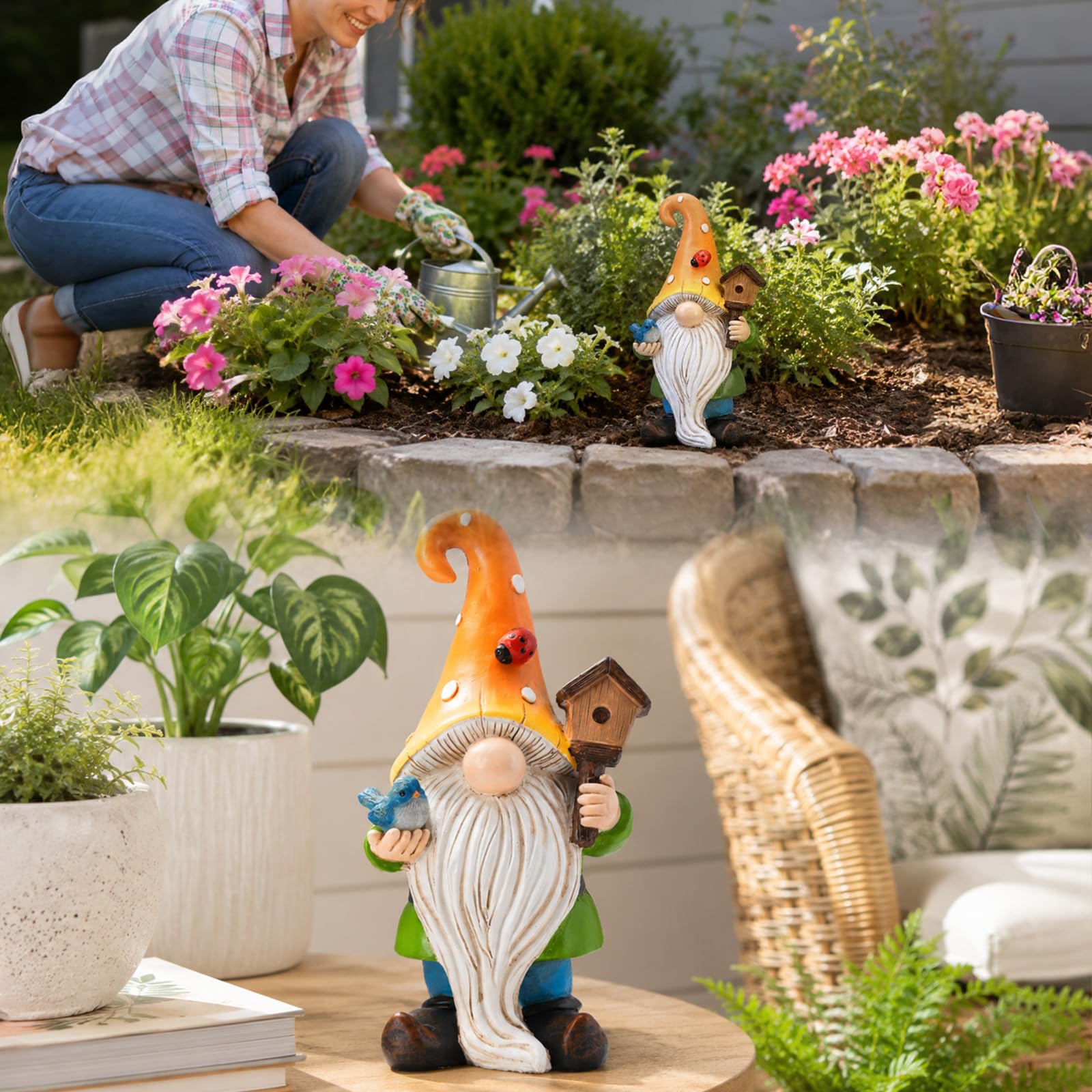 Yeomoo Gnomi da giardino con uccelli e coccinelle a energia solare