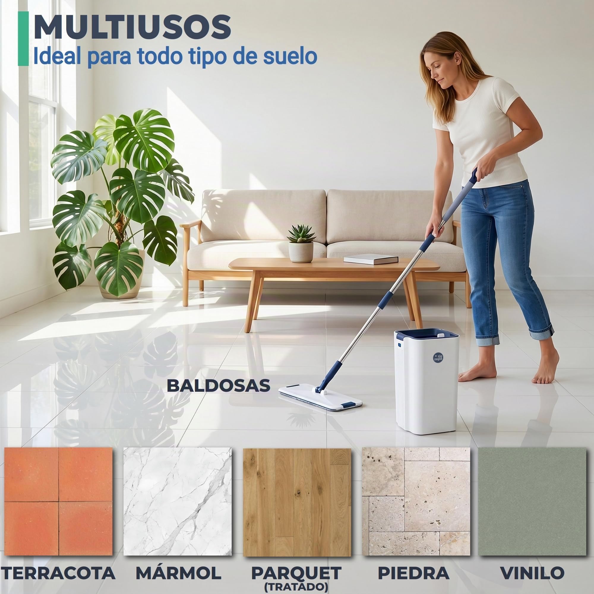 Juego de Fregona Plana y Cubo, Pure Water System, Separación Agua Limpia/Sucia: Ultra Higiénico, Limpieza Fácil, Compacto, Mopa Microfibra, Autolimpiable, Cubo Escurridor