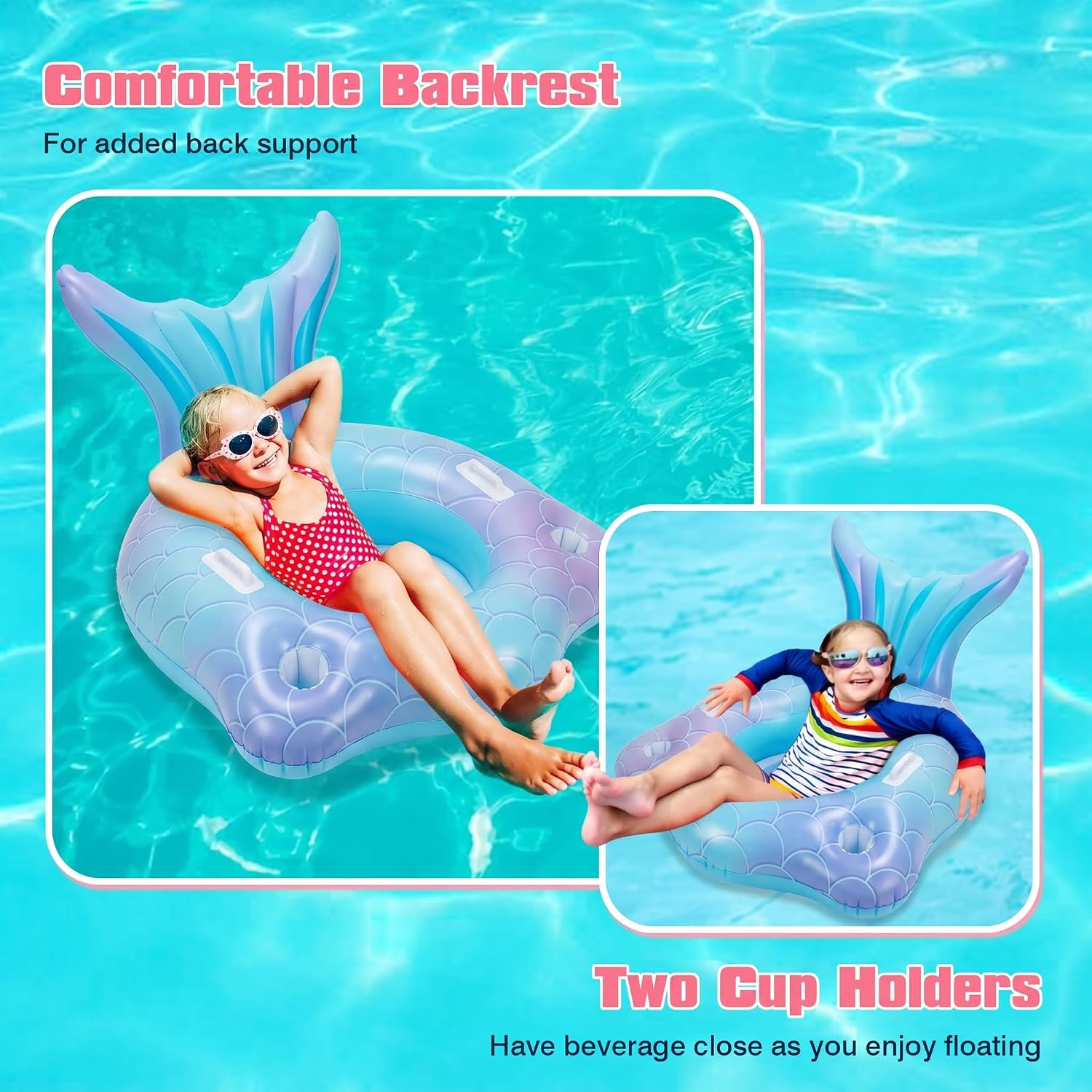 Mermaid Inflatable Pool Float Chair with 2 Cup Holders, Armrests, Pink Swimming Pool Party Lounge Raft Decorations Toys for Kids Adults, Swimming Pool Lounger Pool Floaties for Summer Beach Party