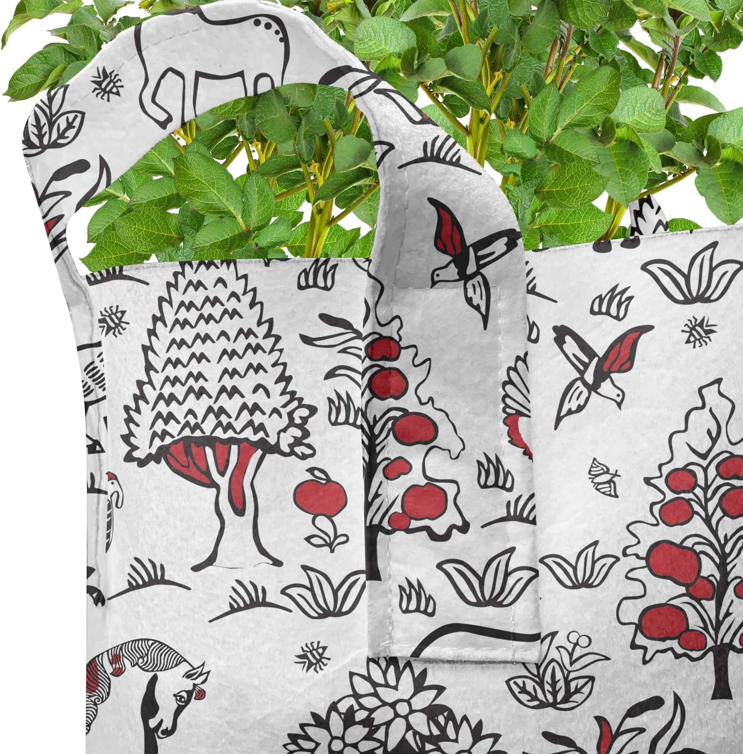 Ambesonne Woodland Grow Bags 5-Pack, Slavic Forest Drawing Art, Heavyduty Fabric Pots with Handles for Plants, Vermilion and Charcoal Grey