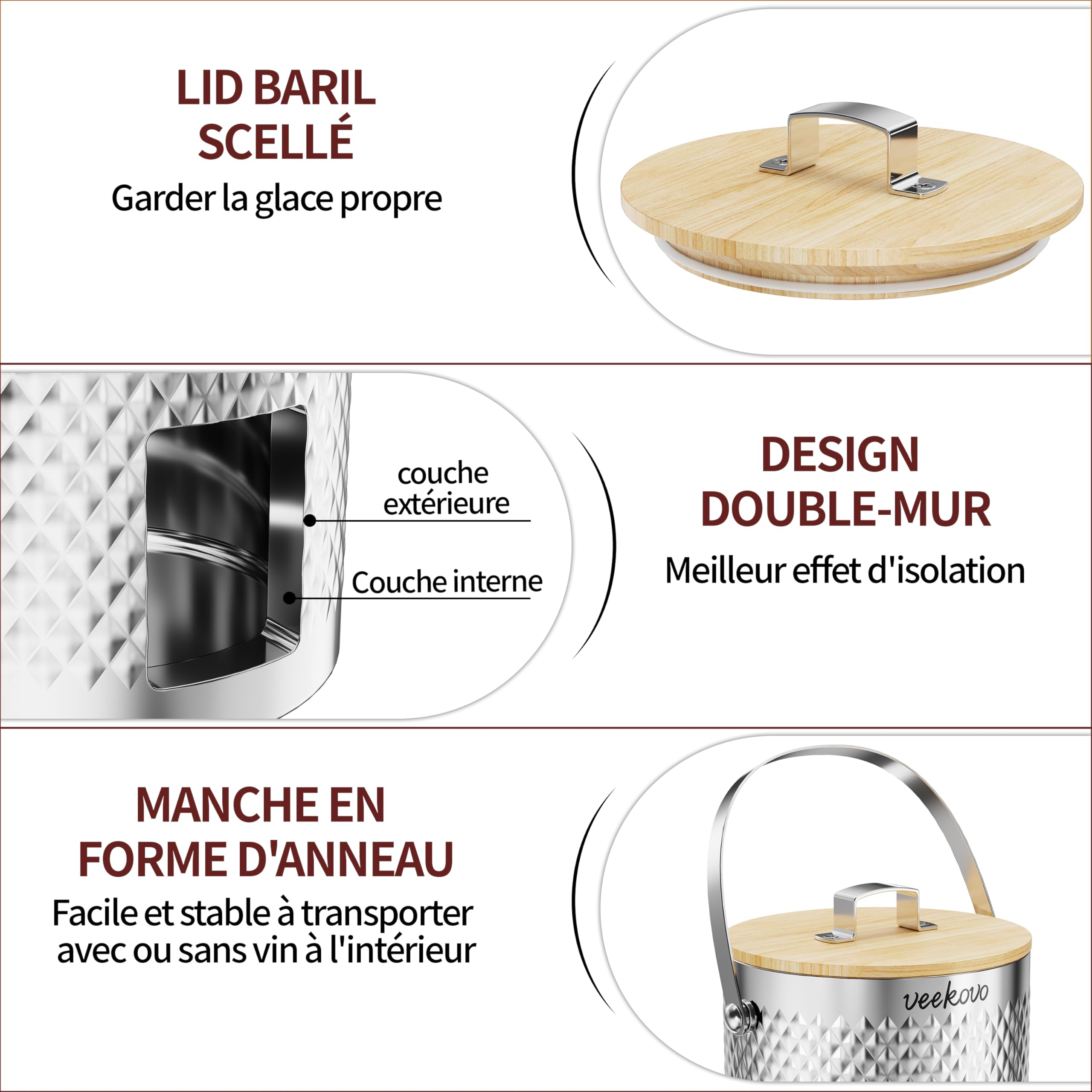 3.2L Seau à Glace Isotherme Avec couvercle et clip, Seau à Glace en Double Paroi en Acier Inoxydable, Rafraîchisseur Champagne pour Bouteille Bar Anniversaires Fêtes Pique-niques (Motif losange)