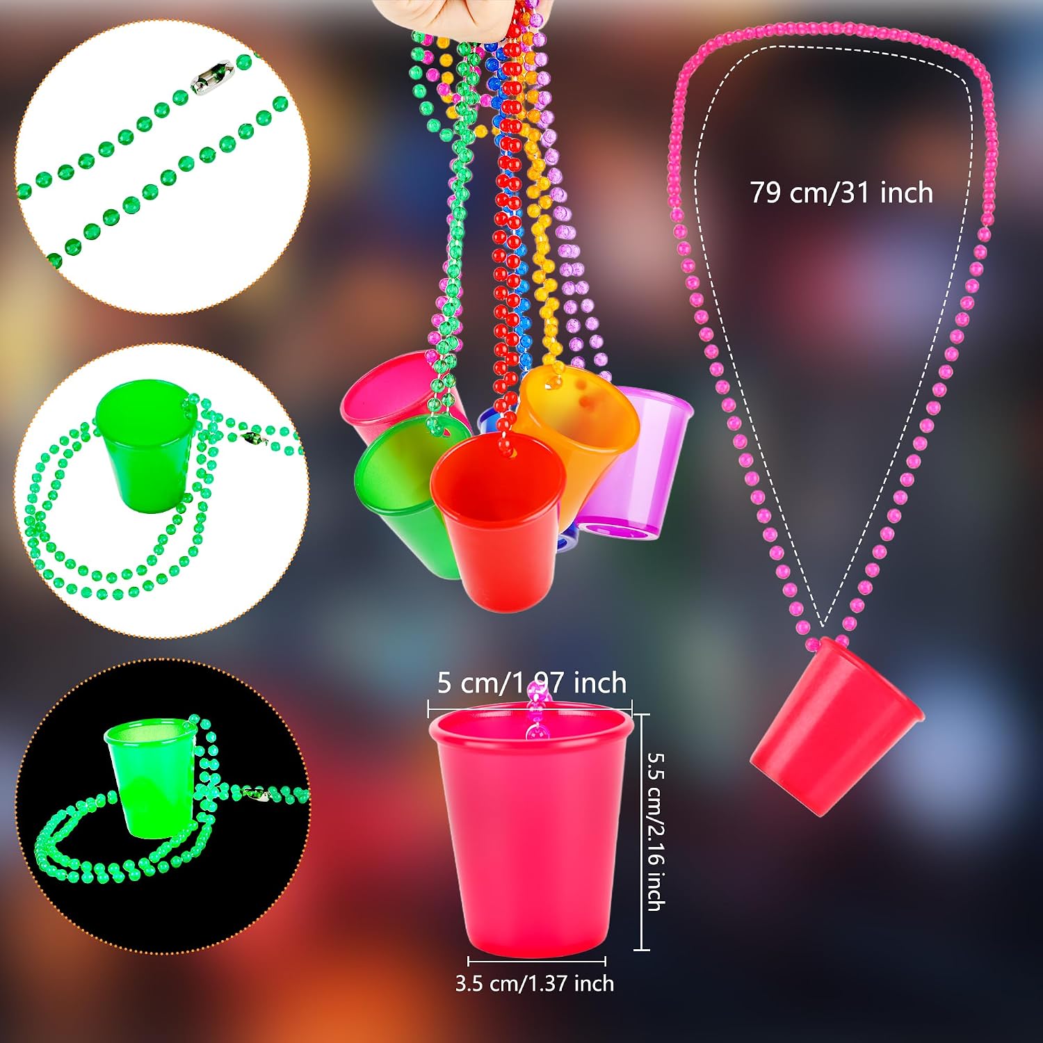 30 Pcs Shot Glass Necklaces Plastic Beaded Multicolored Glow in the Dark Cups Bulk for Easter Day Decorations Bar Birthday Party, 6 Colors