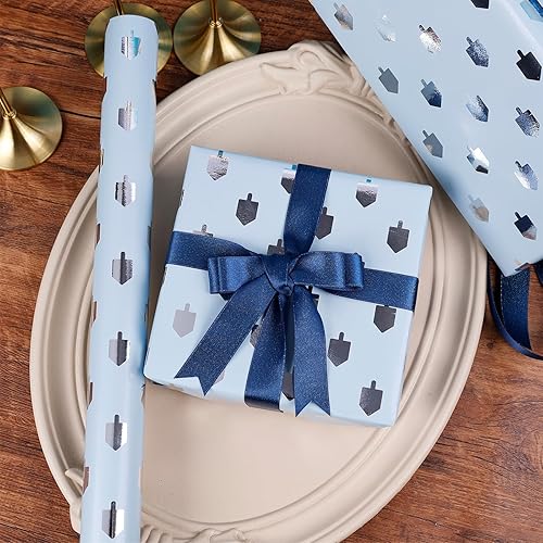 Miniatura 3 de The Dreidel Company Diseño de envoltura de regalo con temática de Hanukkah, rollo de Janucá de 17.5 x 180 pulgadas, hoja de papel de regalo de