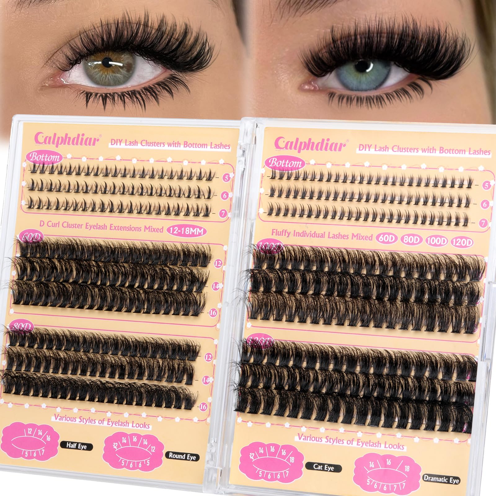 calphdiar Cluster Lashes with Bottom Lashes Individual Cluster Fluffy Individual Eyelashes 60D+80D+100D+120D Thick Lash Clusters 12-18mm with Bottom Eyelash Clusters DIY D Curl Lash Extensions at Home