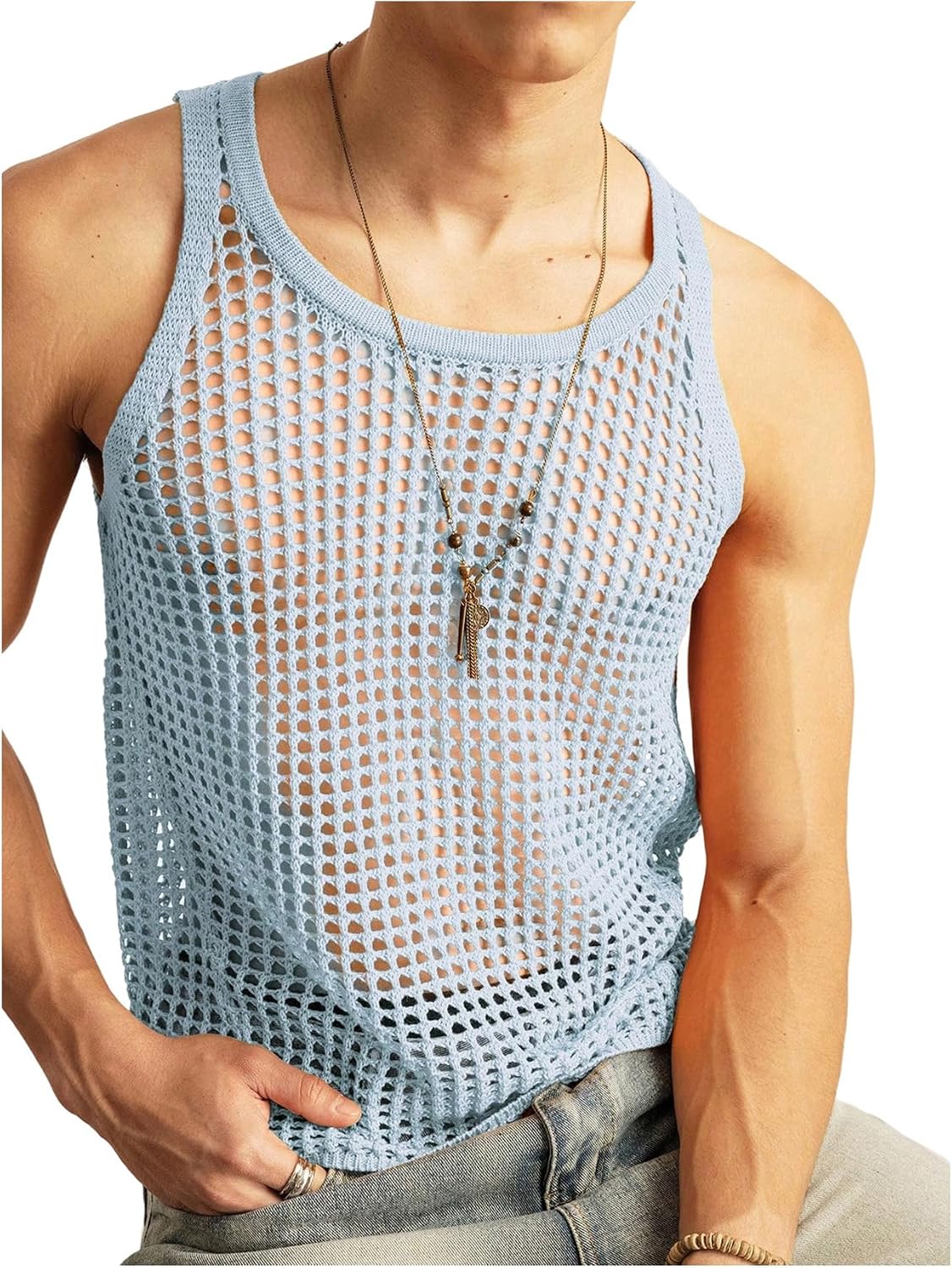 SHENHE Men's Crochet Sweater Vest Hollow Out Loose Knit Sleeveless Tank Top