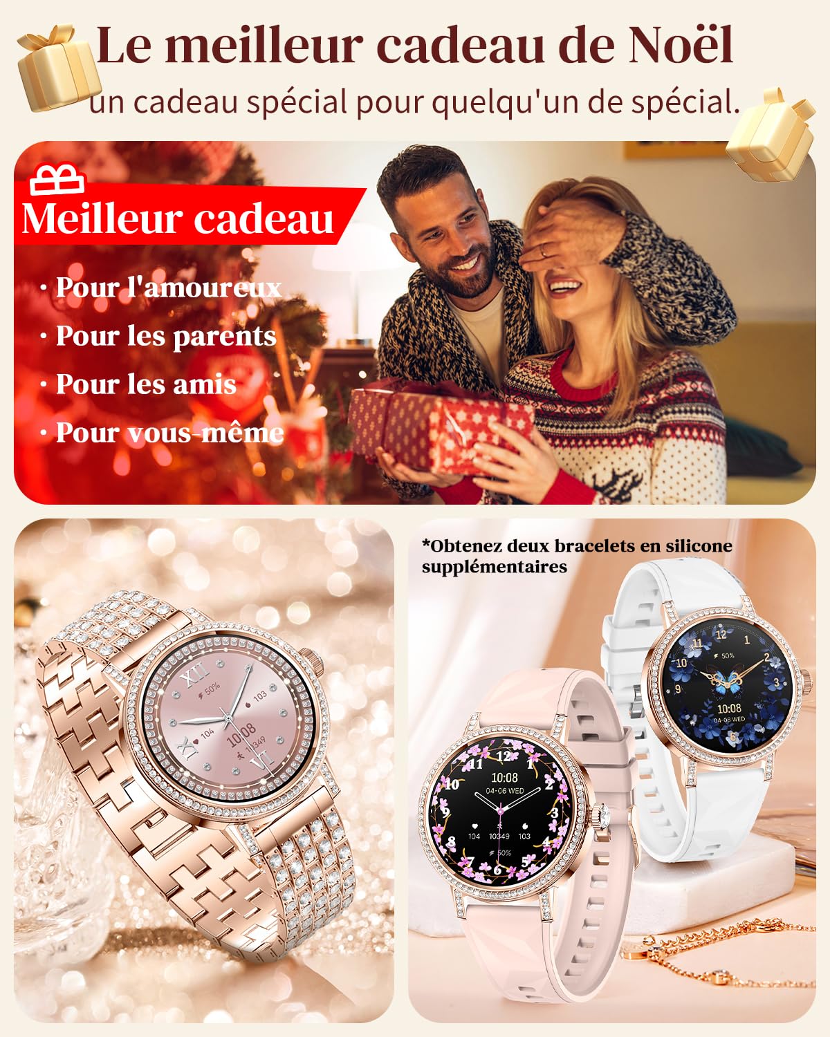 Montre Connectée Femme avec Diamant, Bluetooth/Sommeil/Fréquence Cardiaque