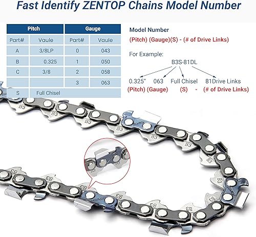 Miniatura 5 de Cadena de motosierra de 18 pulgadas, paquete de 3, paso de 325 pulgadas, calibre 063 pulgadas, 68 eslabones de transmisión, B3S-68DL, se adapta a