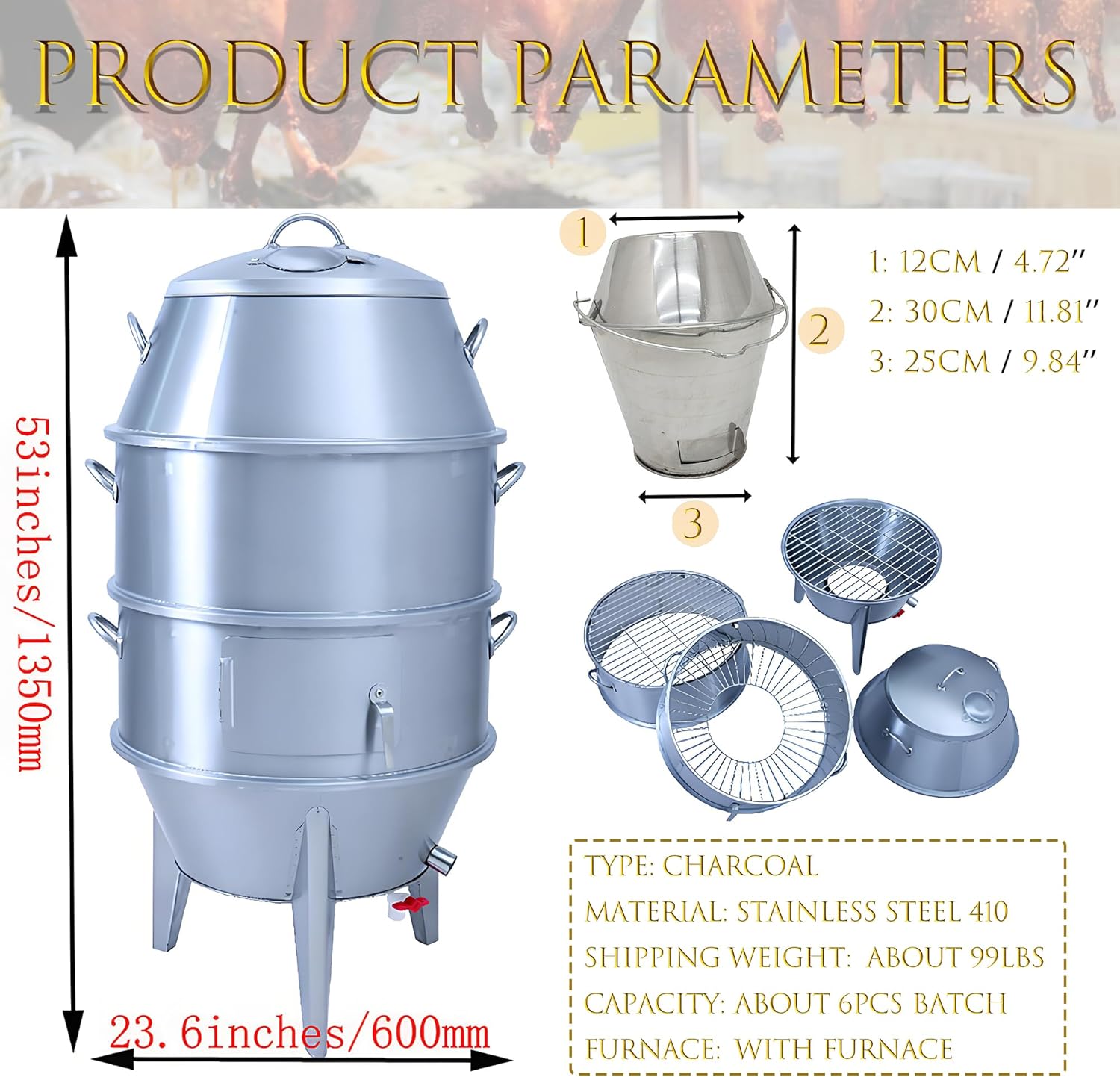 Charcoal Chicken Duck Roaster Stainless Steel Roasted Chicken Roasting Machine Roasted Oven for Duck Turkey Goose Mutton Sucking Pig BBQ about 6PCS/Batch With Furnace Commercial & Home Use