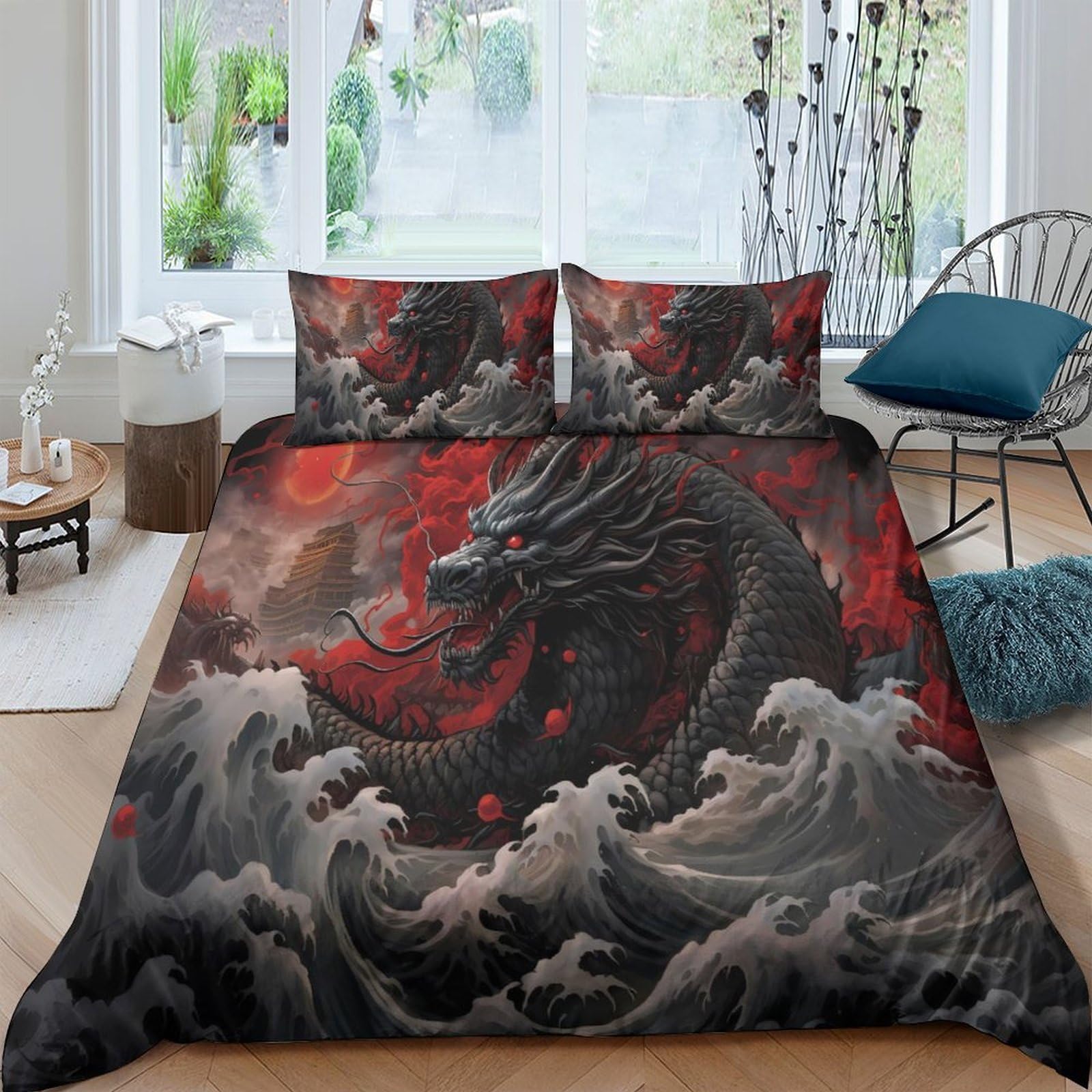 Ctjqhvkz Style-10 3D Printed Black Red Dragon Fitted Sheet Microfiber Soft Artistic Wave Bed Cover For Bedroom Dorm Decor Mattress Protection Single（135X200cm）