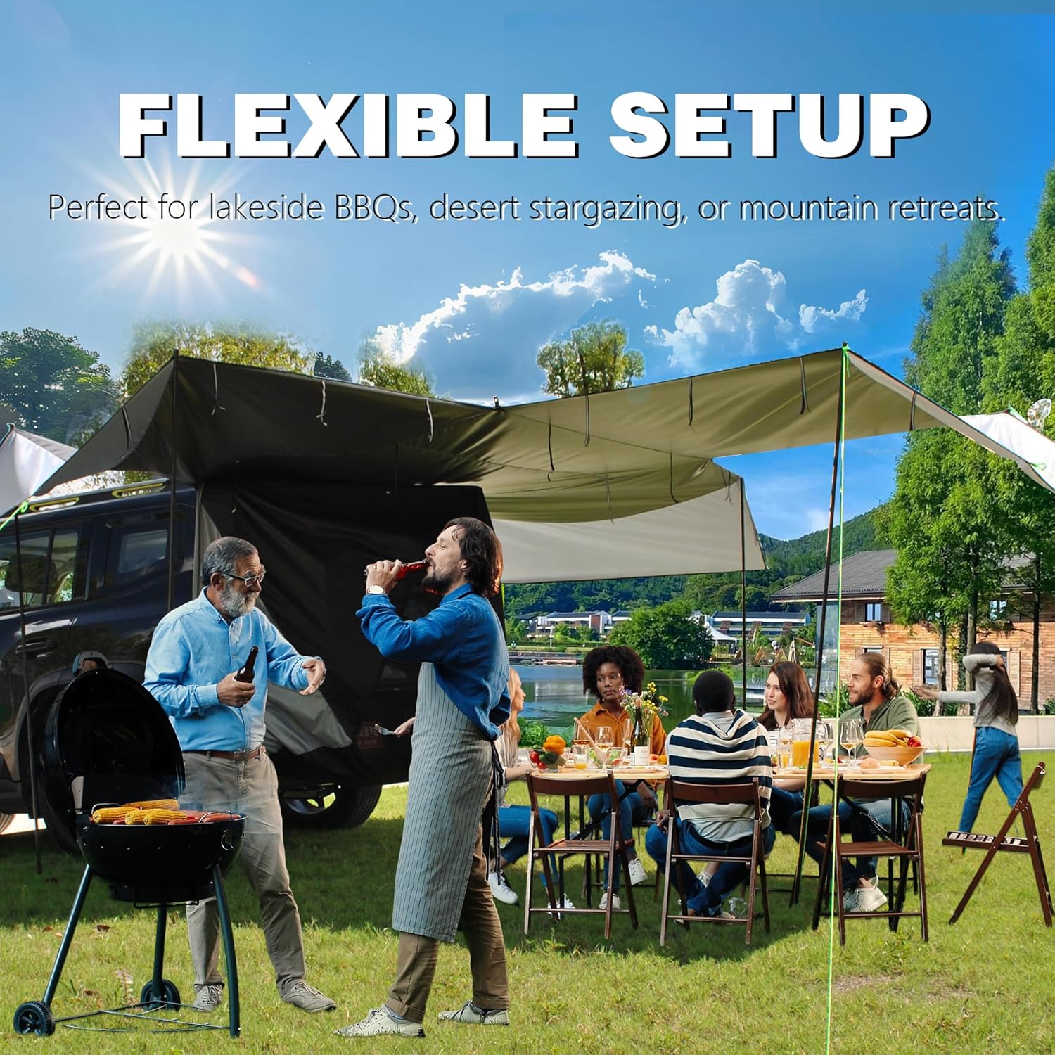 Multi-Use SUV Camping Tent & Side Awning - 3 Large Canopies, 174.38sq.ft Shade, 6.6ft Height, Easy Setup & Tech-Design