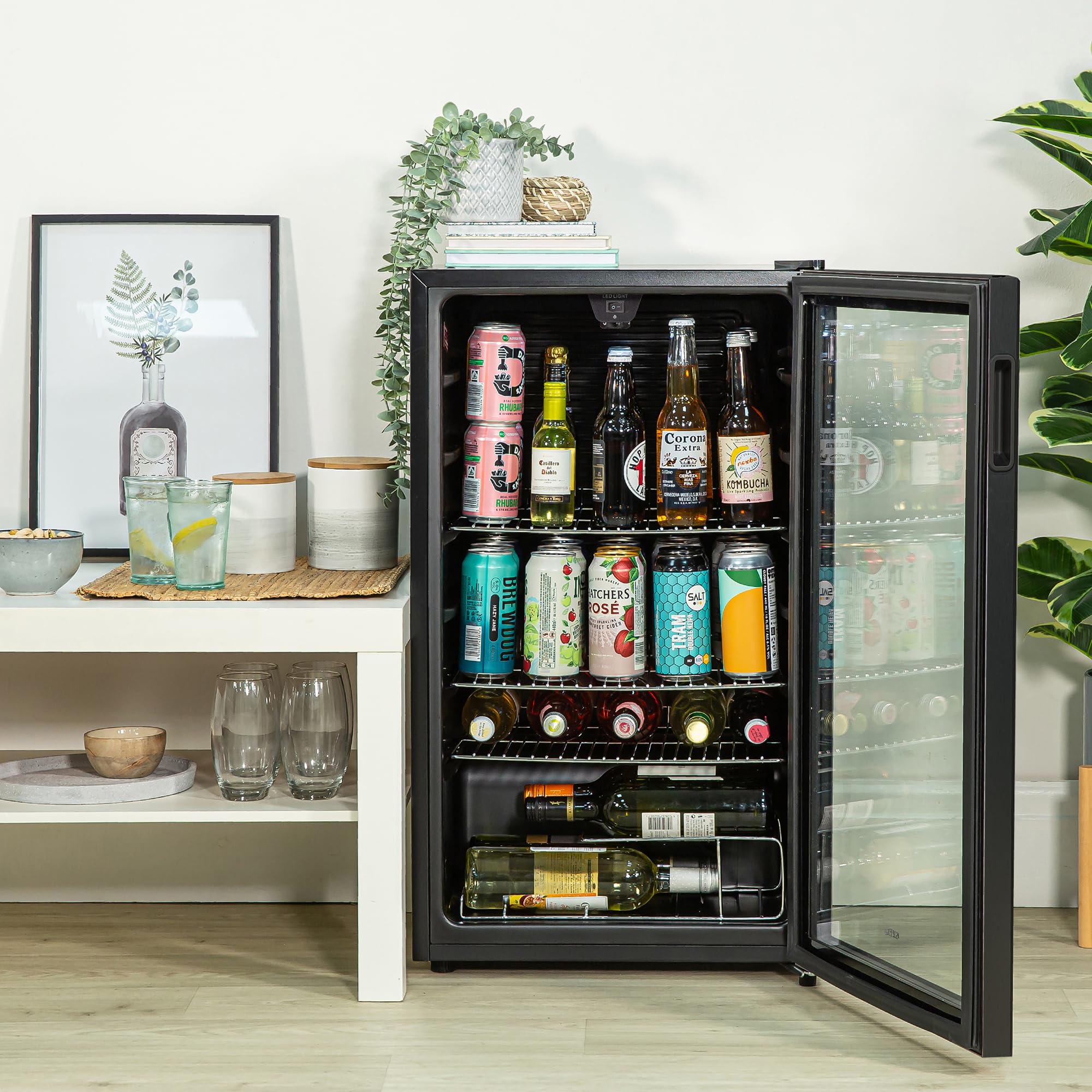 Mini Fridge 93 Litre Undercounter Freestanding Beverage/Drinks Wine Fridge for Beer in Black, LED Light, Drinks & Snacks Glass Door, 3 Adjustable Shelves, Energy Efficient, K48BC101B — view 6