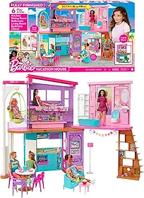 Casa de Bonecas Barbie Malibu Mattel. Casa com dois andares, móveis e mais de 30 peças para brincar e criar histórias. Para crianças a partir dos 3 anos.
