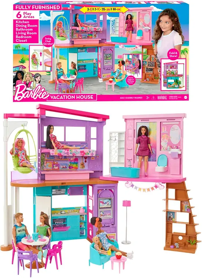 Casa de Bonecas Barbie Malibu Mattel. Casa com dois andares, móveis e mais de 30 peças para brincar e criar histórias. Para crianças a partir dos 3 anos.