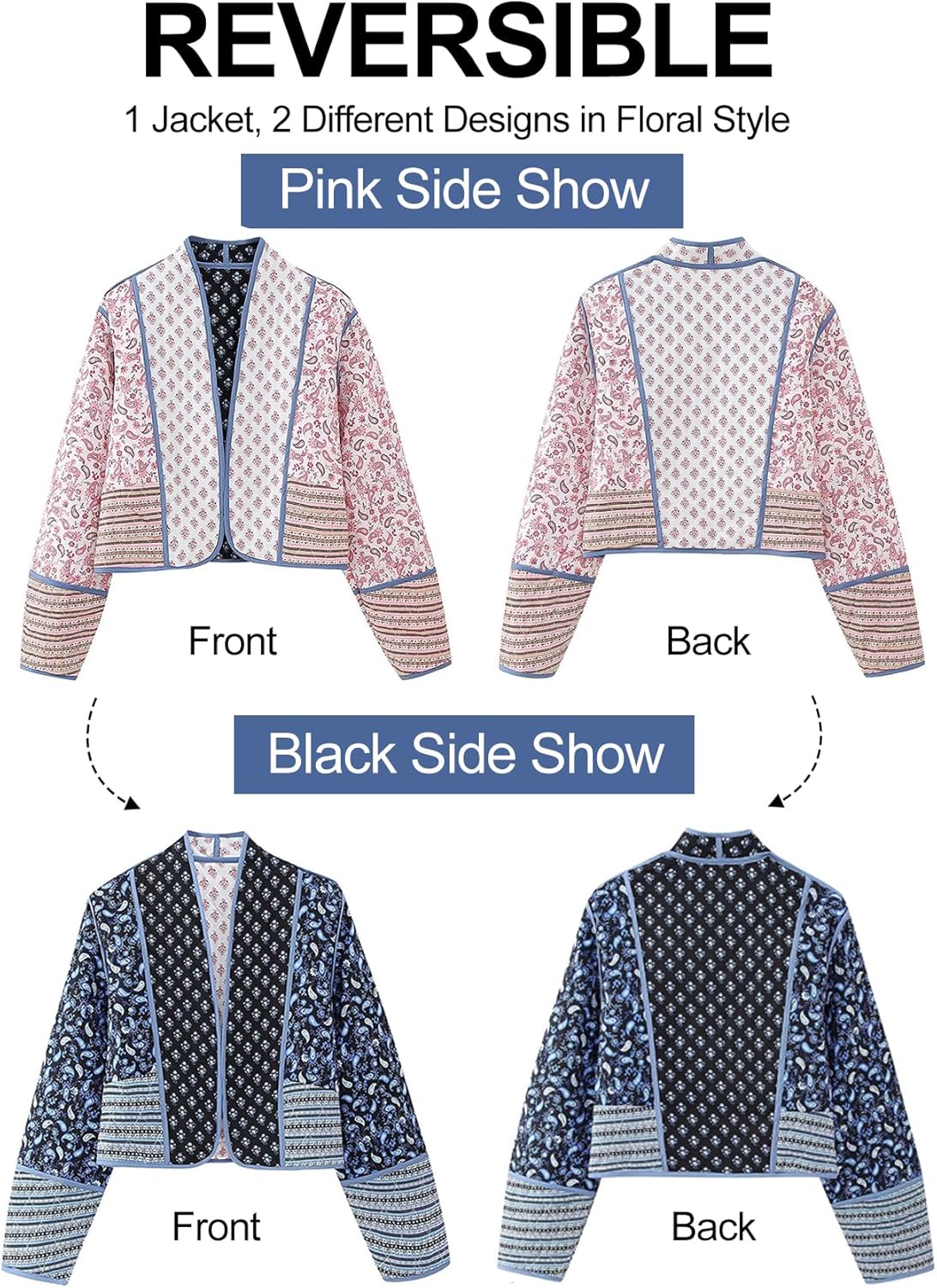 Flygo Women Cropped Puffer Jacket Cardigan Floral Printed Quilted Coats Lightweight Open Front Crop Padded Down Jackets - Image 5