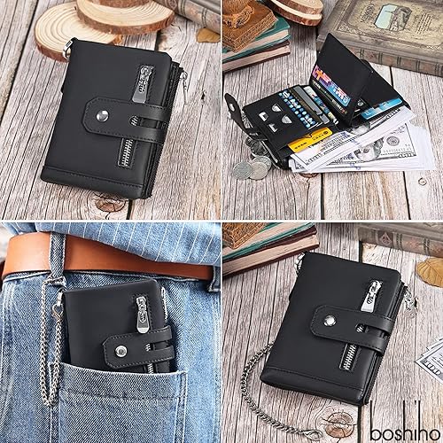 Miniatura 2 de boshiho Cartera para hombre con cadena RFID bloqueo de cuero genuino doble cremallera plegable cartera con bolsillo para monedas y 2 cadenas