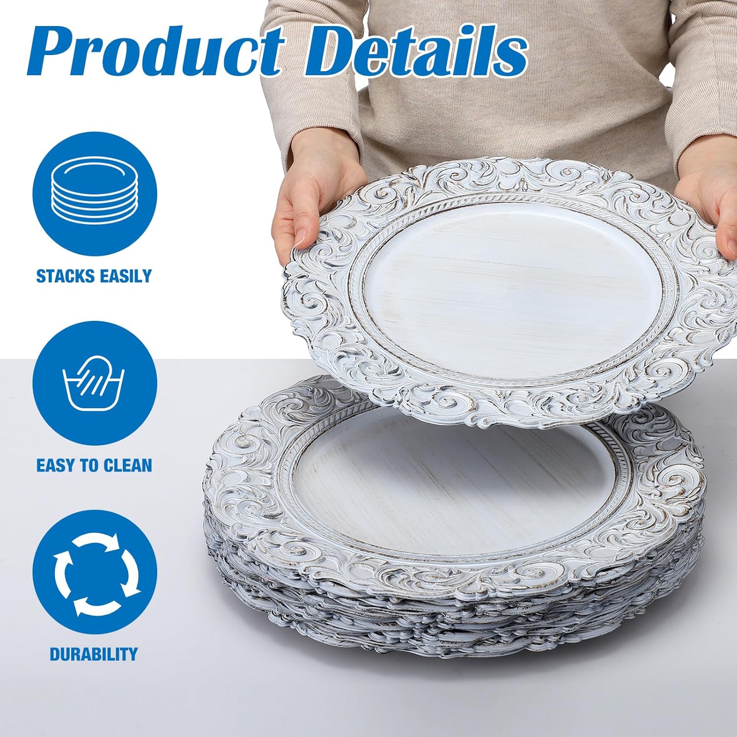 12 Pcs Plastic Charger Plates 13" Round Antique White Gold with Engraved Baroque Rim Vintage Disposable Decorative Chargers for Wedding Party Events