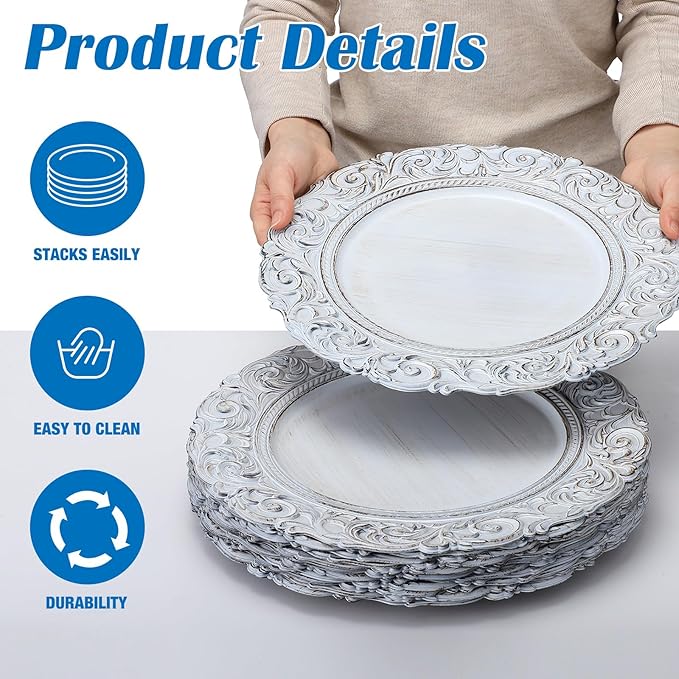 12 Platos Plásticos Decorativos 33cm Antique White Gold Barroco miniatura 4