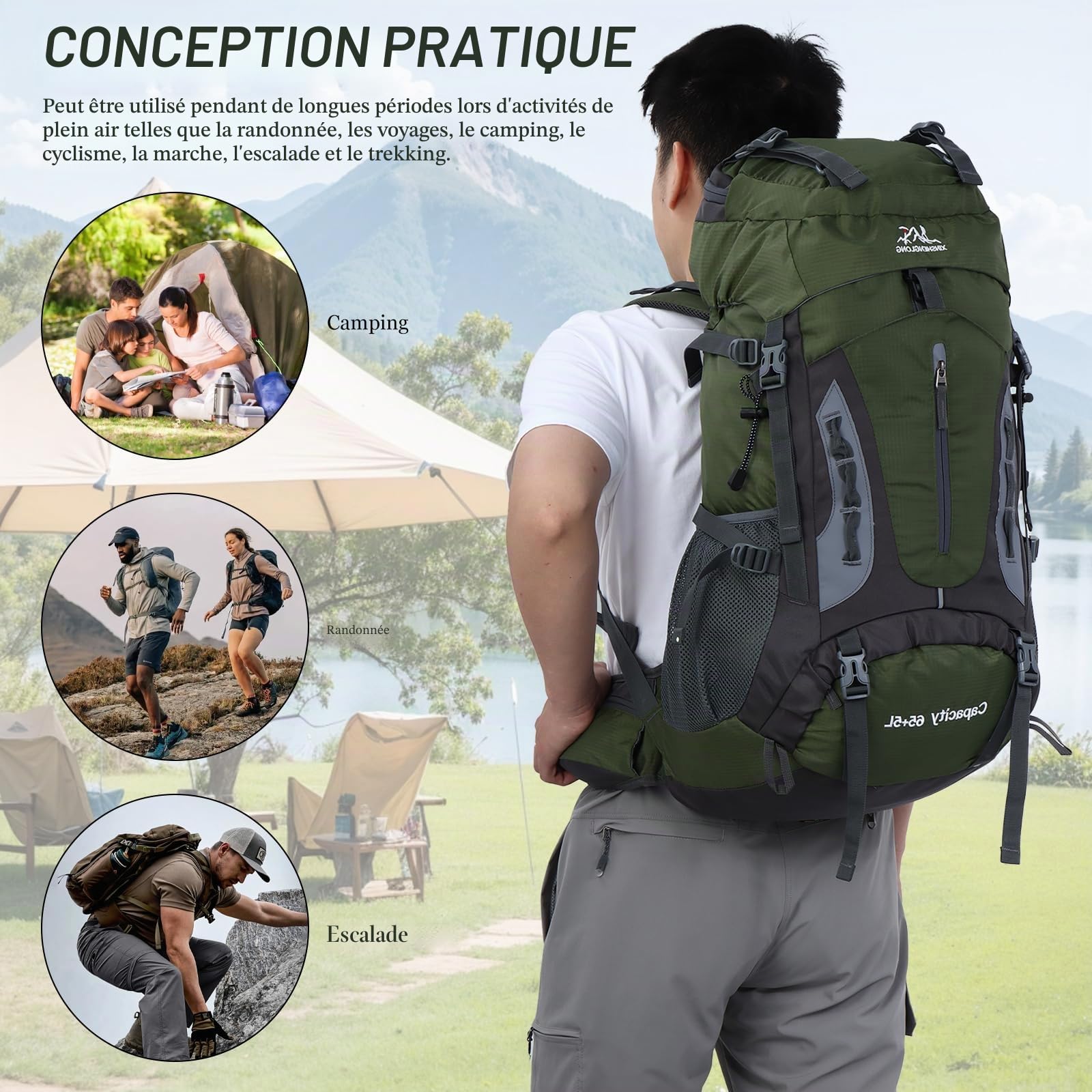 Sac à dos de randonnée imperméable 70 l avec housse de pluie Grand sac à dos de voyage pour camping, marche, escalade
