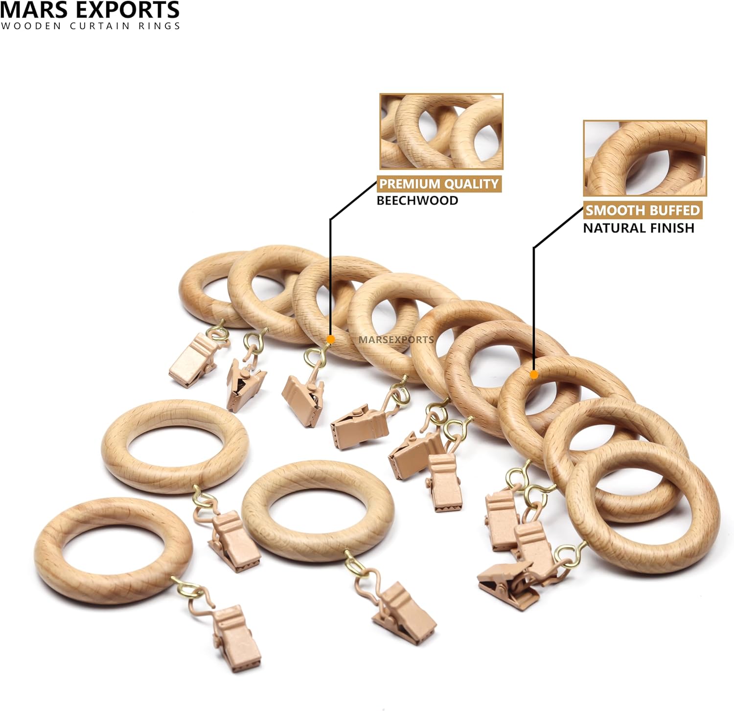 24 Pack Wooden Curtain Rings with Clips, 1.25 Inch Inner Diameter, Natural Beach Wood Drapery Rod Rings, Smooth Buffed Finish for Curtains and Drapes