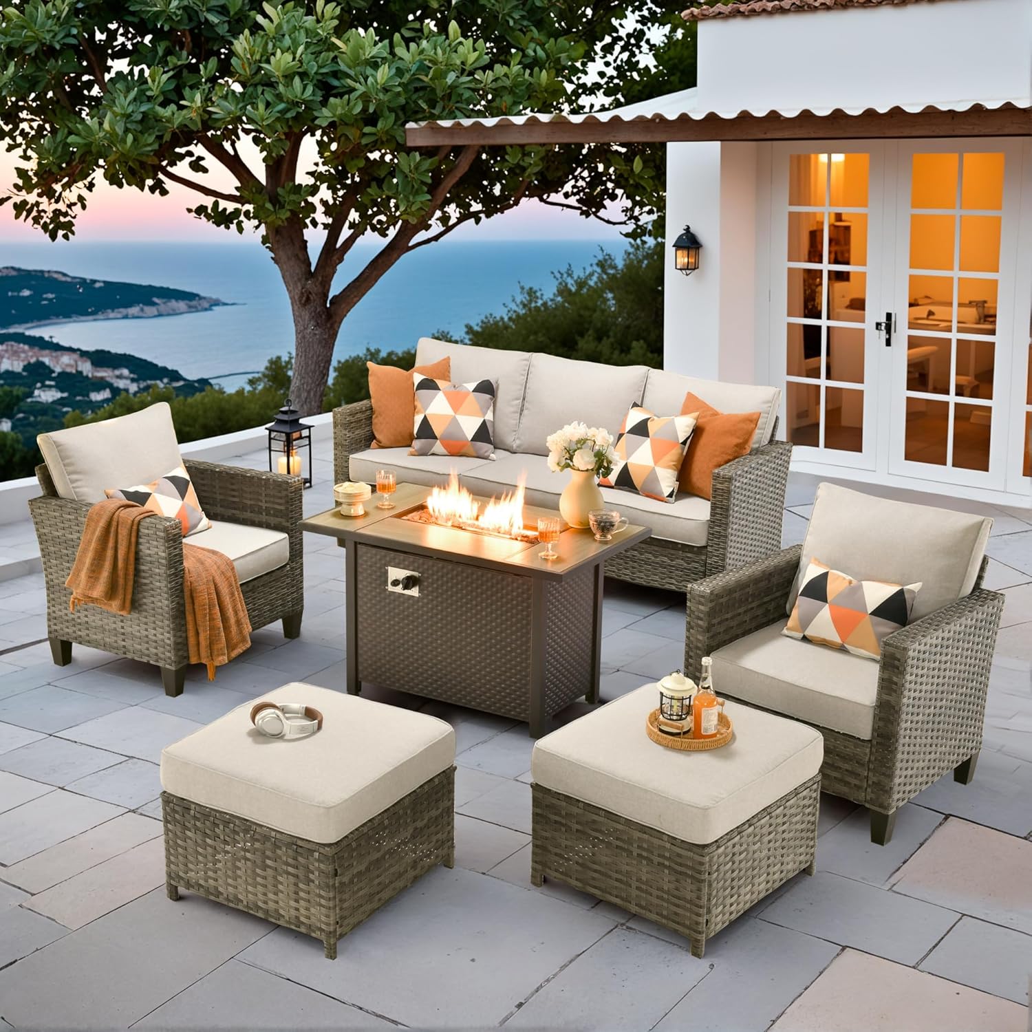 7 Pieces Patio Outdoor Furniture Set with Fire Pit Table & Swivel Rocking Chairs,Patio Seating Outside Sofa and Chairs Set with Ottoman,Patio Conversation Set for Balcony Porch Deck Yard,Red