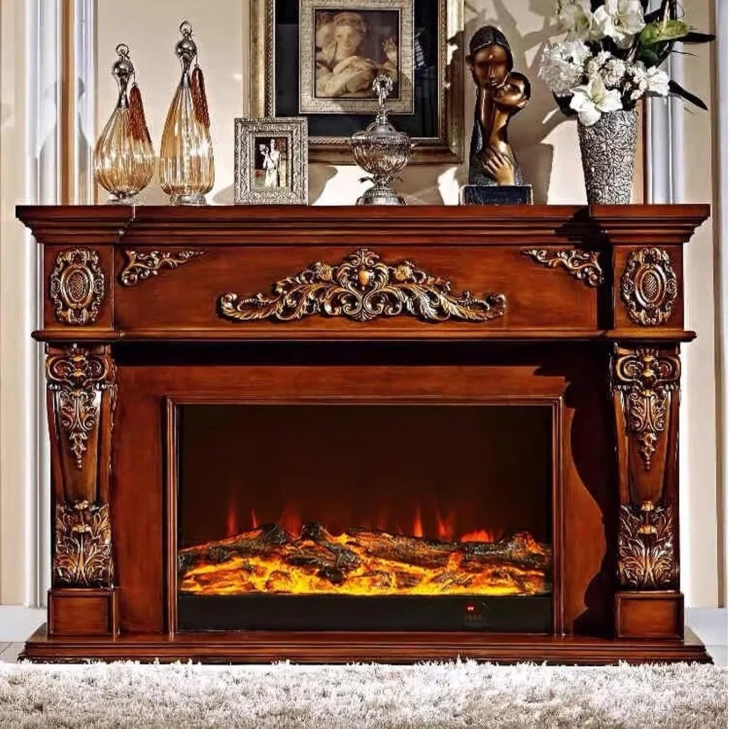 Electric Fireplace - Retro Electric Fireplace with Mantel Includes Brown Luxury Relief & Double-Column, Tall TV Stand with Decorative Real Flame Effect for Living Room (71 Inch)