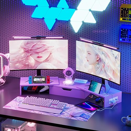 Miniatura 6 de Elephance Soporte de monitor doble con puertos USB, soporte de madera para monitor de computadora con cajón, soporte elevador de monitor ajustable,