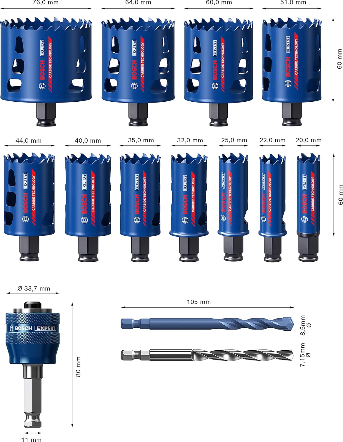 Bosch 11x EXPERT Tough Material Hole Saw Set (for Wood with metal Brick, diameter 20-76 mm - Image 4