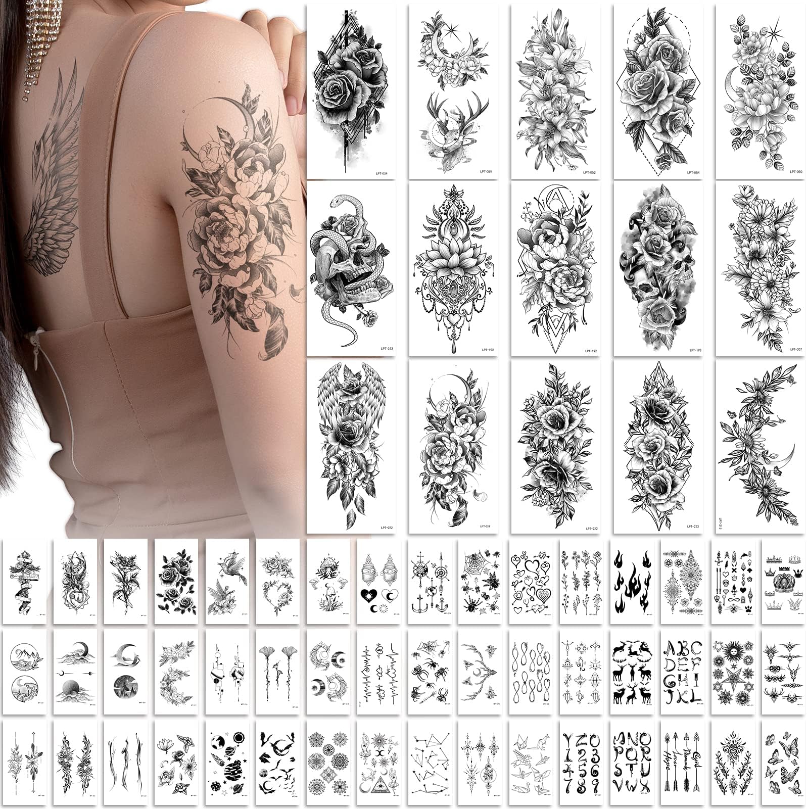 400+ Stylish Styles Realistic Temporary Tattoos for Women, Long Lasting Semi Permanent Tattoo, Waterproof Large Flowers Rose Hand Tattoos Stickers and Fake Tattoos for Adults Girls (79 Sheets)