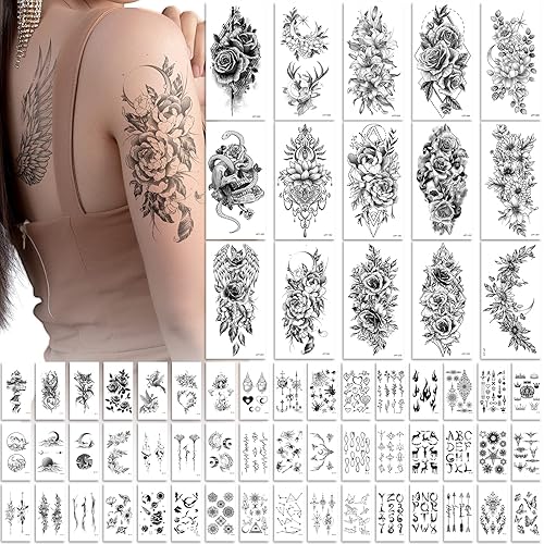EMOME Más de 400 estilos elegantes y realistas tatuajes temporales para mujeres, tatuajes semipermanentes de larga duración, impermeables, flores