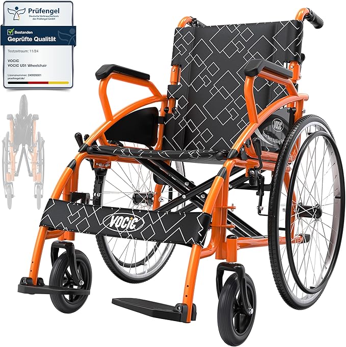 VOCIC U31 Sedia a Rotelle pieghevole leggera 150KG,Carrozzina per disabili in alluminio,Doppio Freno sedia a rotelle per anziani,Pneumatico Solido 60CM per tutti i terreni,Garanzia di 5 anni|Arancione