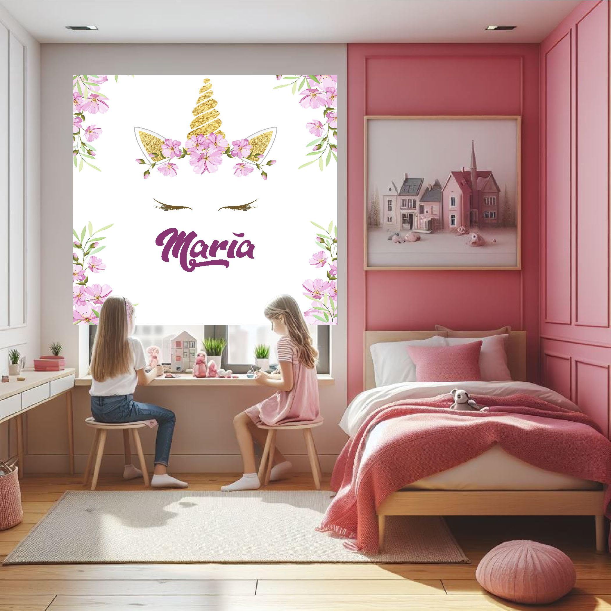 Estor Enrollable Infantil Personalizable con Diseño de Unicornio y Flores – Tejido Translúcido, Decoración Exclusiva para Habitación de Niñas (150x170)