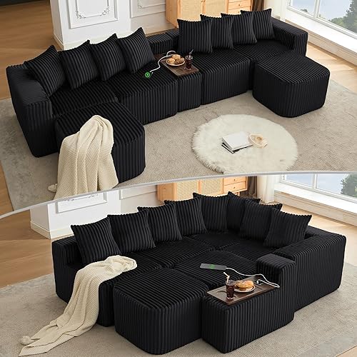 137.5" U Shaped Sofa, 6 Seats Sectional Couches for Living Room, Boneless Couch with USB & Wireless Charge, Table Board With a Cup Holder, Oversize Movable Modular Sofa, No Assembly, Corduroy Black