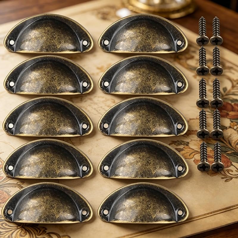 Puxadores de gaveta de concha 10 peças, puxadores de armário vintage meia lua, puxadores de copo retrô para móveis de armário de cômoda (bronze)