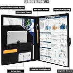 GraduatePro Leather Business Padfolio Notebook with Letter Size Clipboard, A4 Magnetic Portfolio Binder & Organizer Folder, Interview/Resume Document Organizer with Sleeve Holder Black