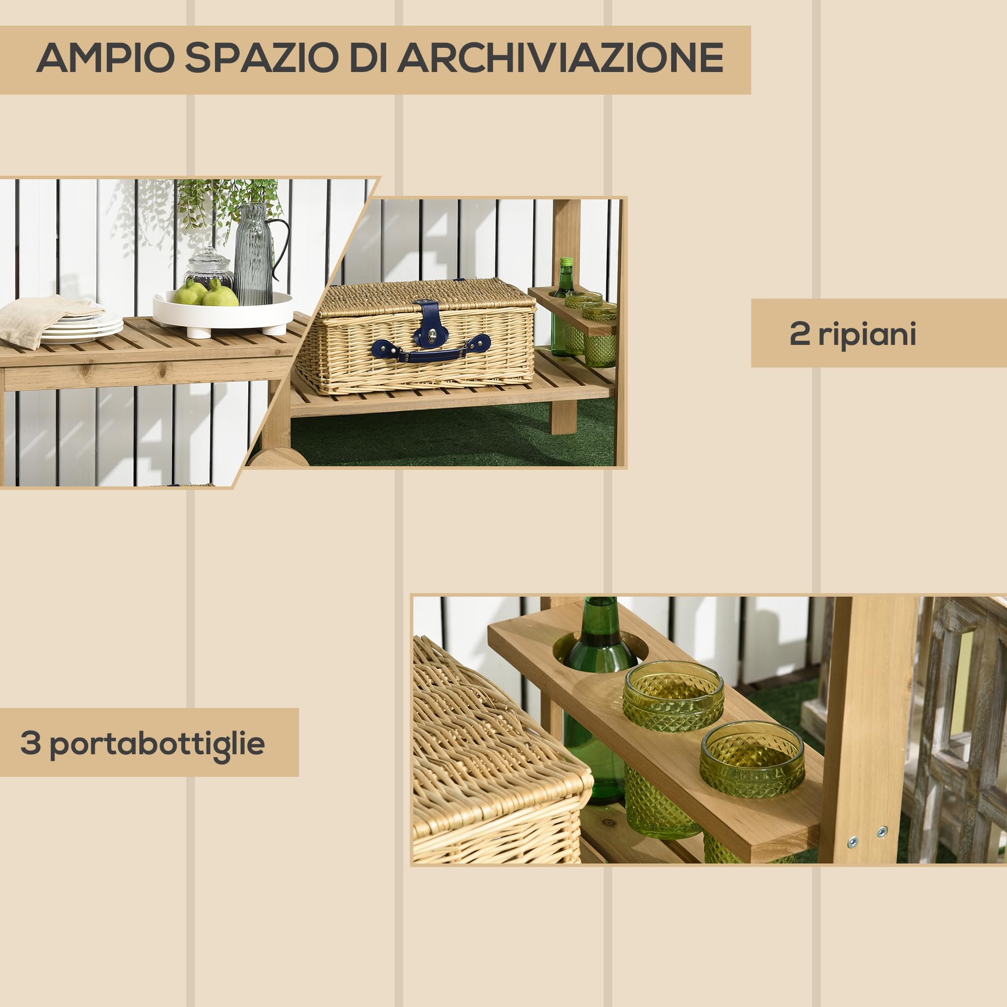 Outsunny Carrello Portavivande da Giardino in Legno di Abete 95x47x74 cm