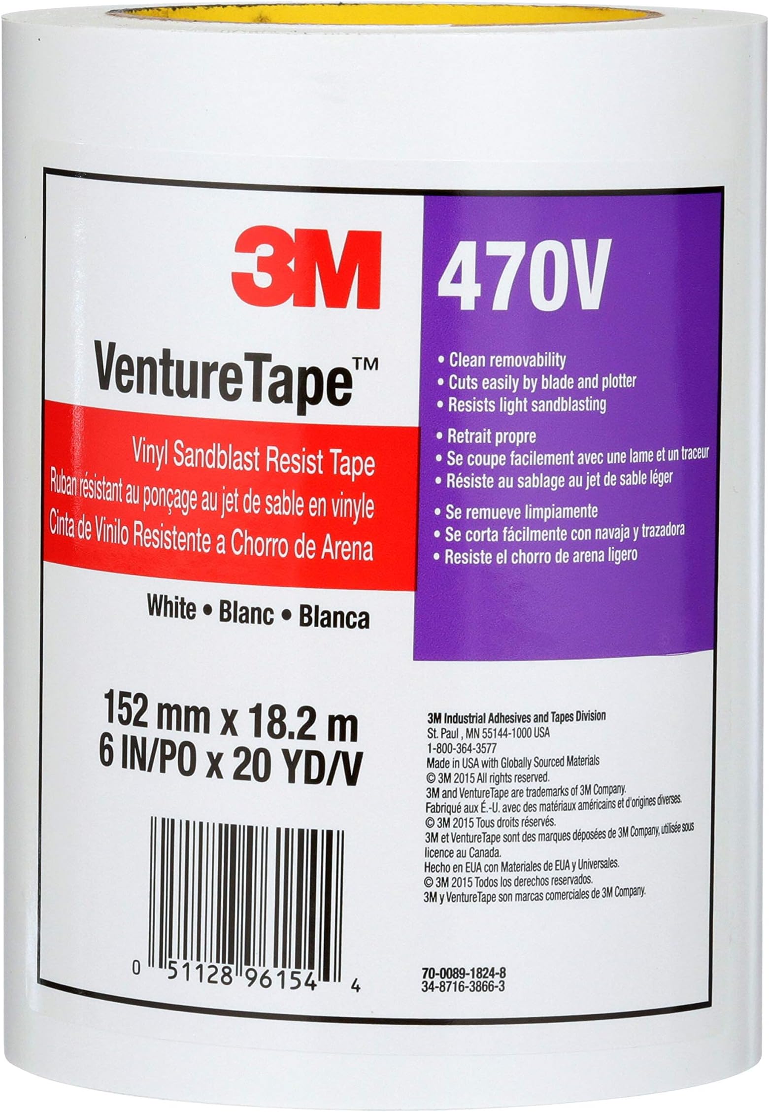 3M Vinyl Sandblast Resist Tape 470V, 6" x 20 yd. 4.0 mil, White