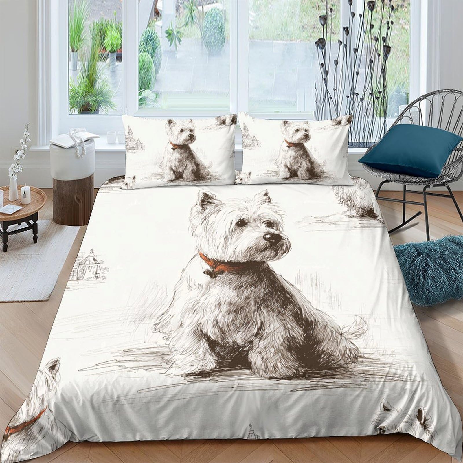 Ctjqhvkz Style-9 3D Printed Westie Dog Fitted Sheet Microfiber Soft Washable Cute Pet Sketch Bed Cover For Bedroom Guest Room Decor Single（135X200cm）