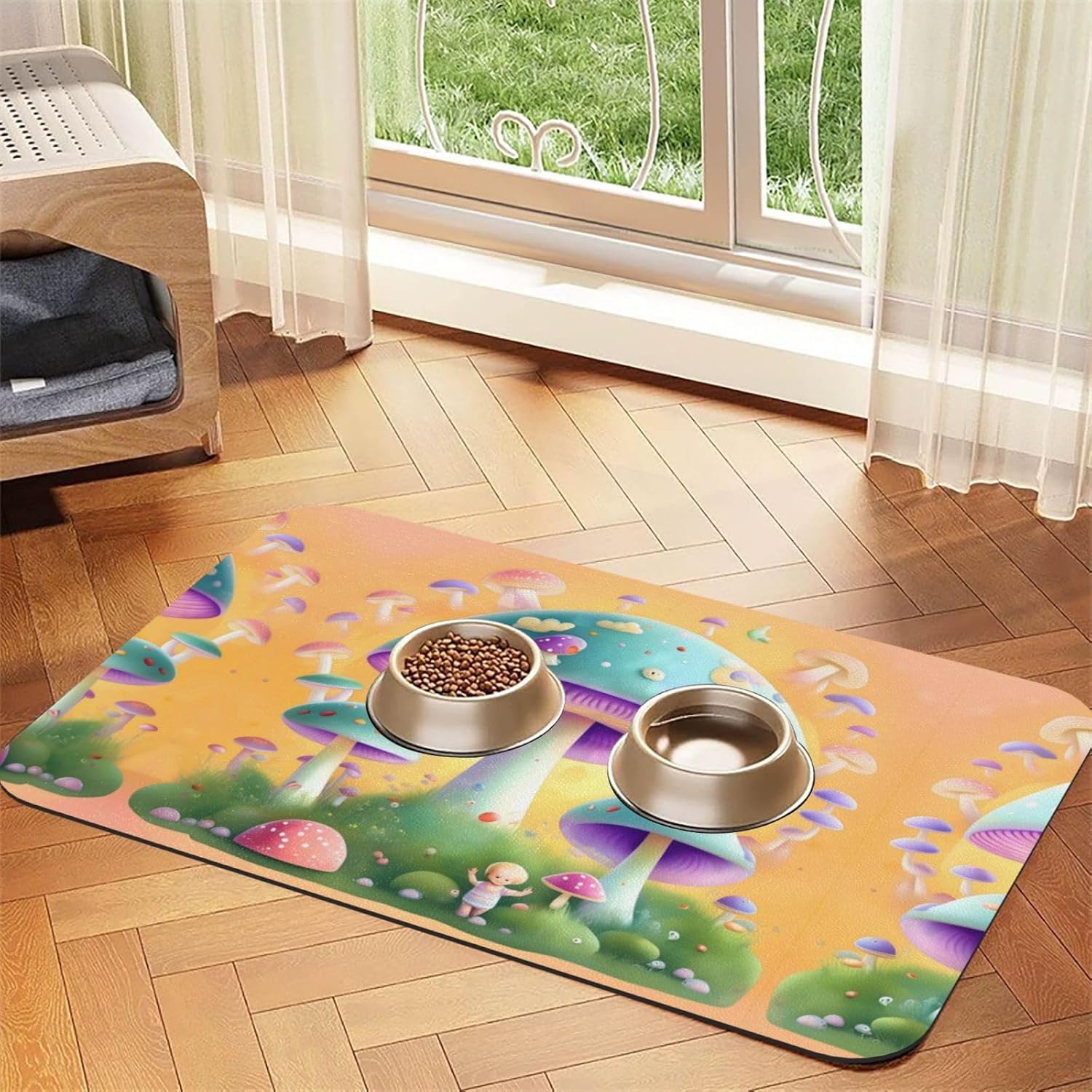30x45cm Fantasy Mushroom Print Pet Absorbent Feeding Mat - Quick Dry Food Pad/Leather Placemat, for Dog Cat Food Bowl Water