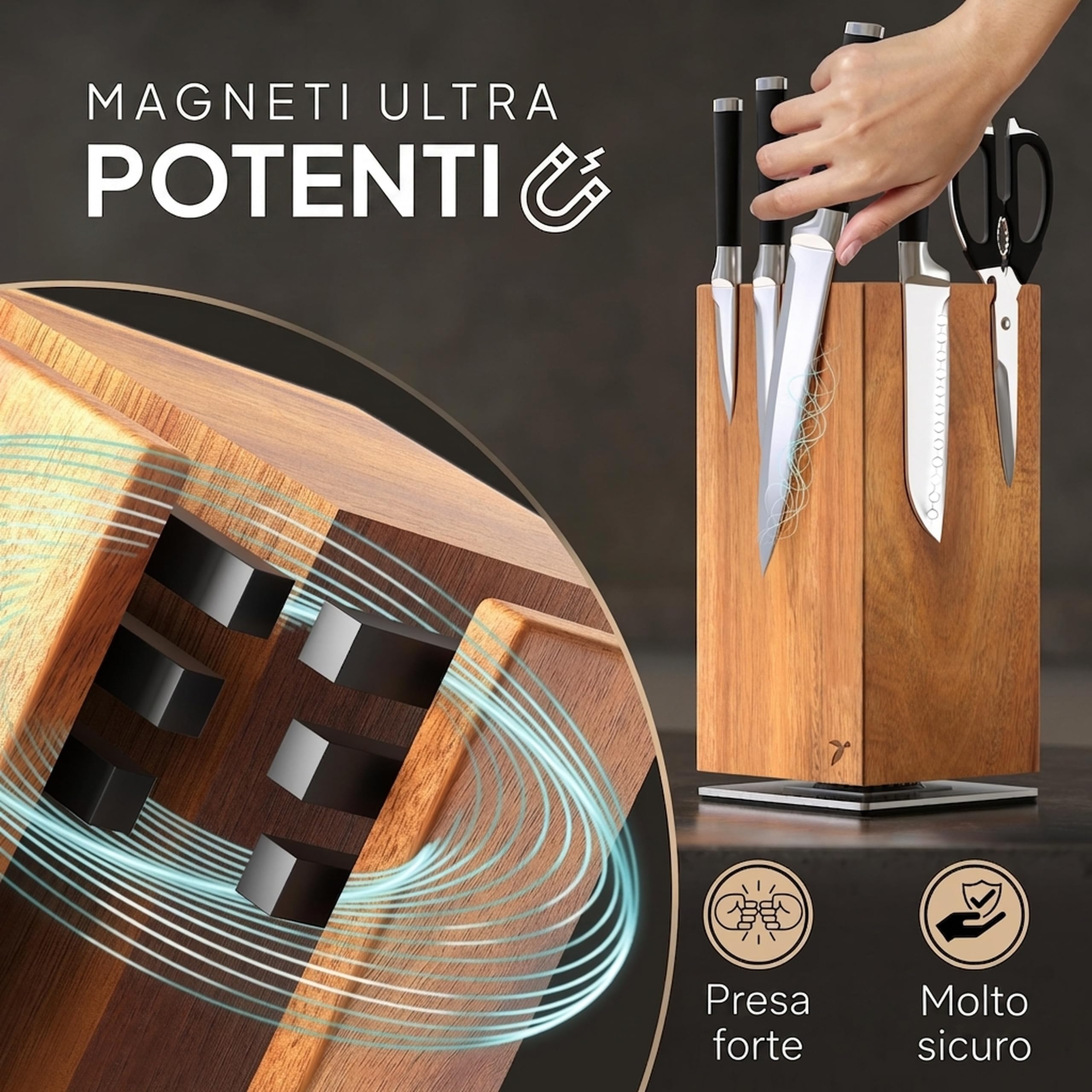 Blocco portacoltelli girevole a 360 gradi, magnetico, senza coltello, in legno di acacacia, universale, non equipaggiato, in legno di acacia, blocco magnetico rotante | Mahona