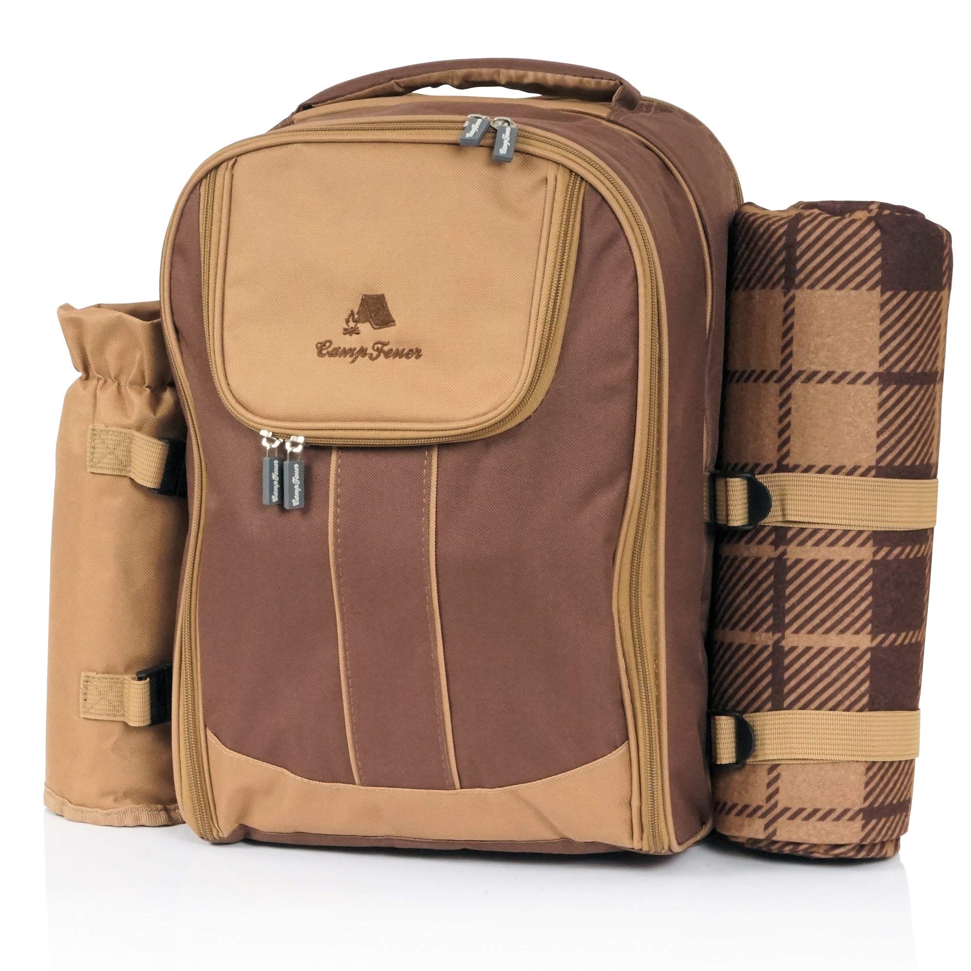 CampFeuer Zaino da picnic per 4 persone 32 pezzi marrone con portabottiglie e coperta in pile