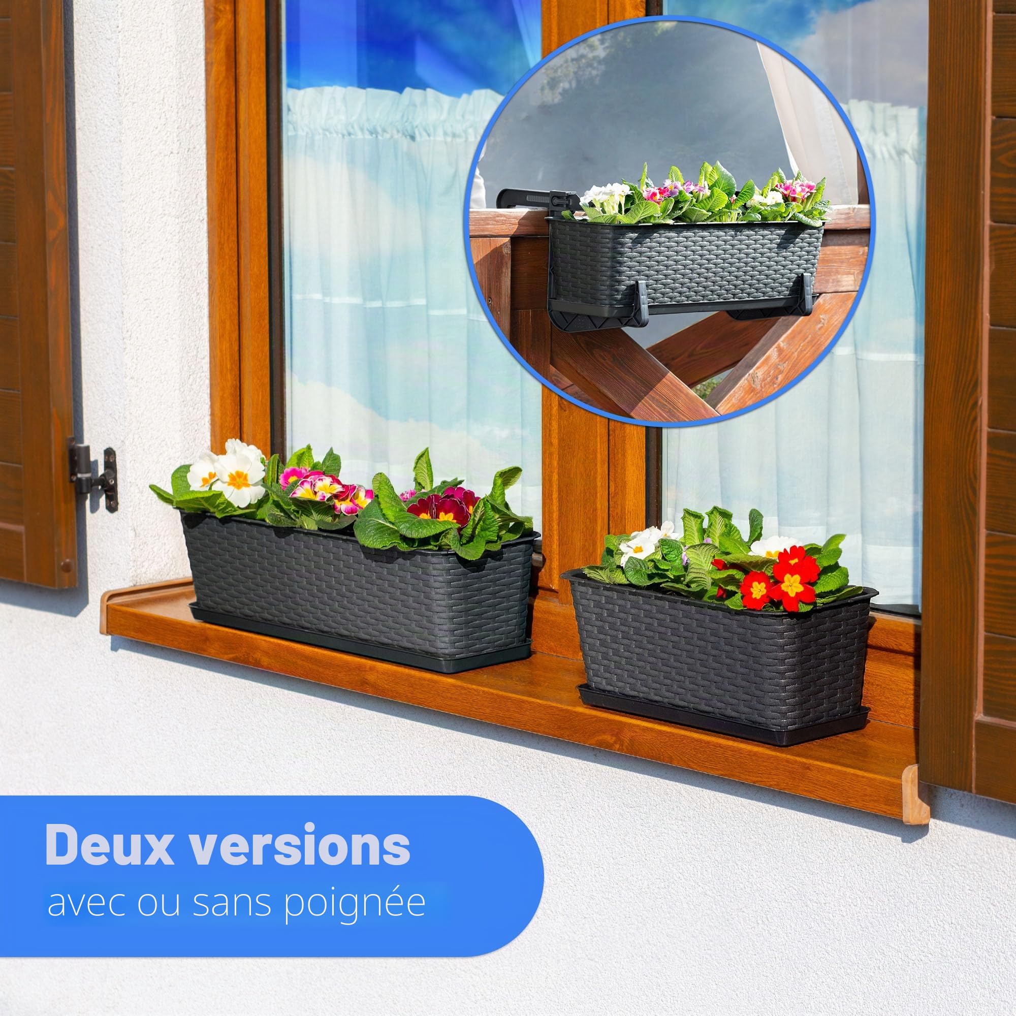 KADAX jardinière Lezucha 40 cm avec Soucoupe - Anthracite Plastique Aspect rotin - pour Balcon - Soucoupe récupératrice et Trous de Drainage Anti-débordement pour l’arrosage