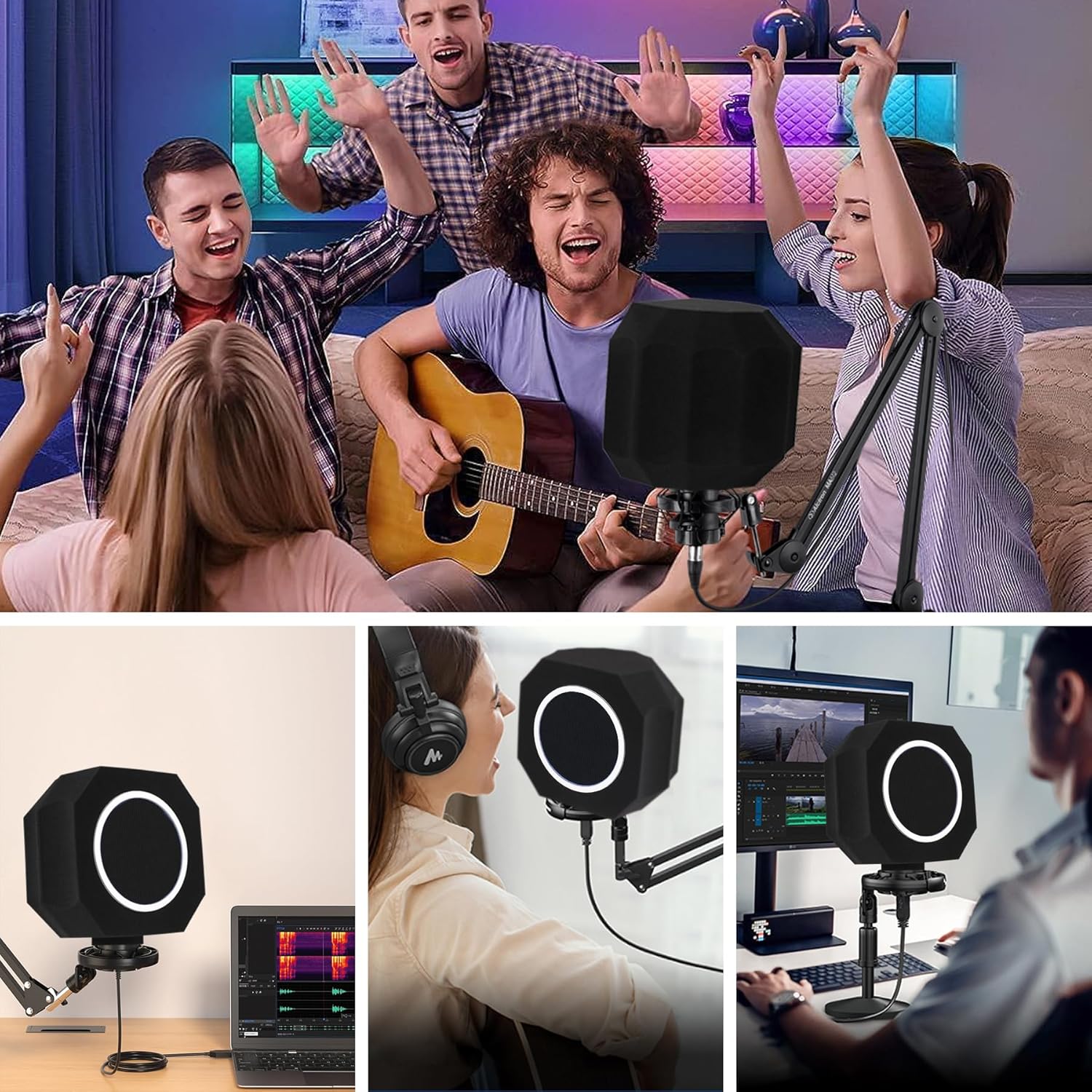 Professional Mic Isolation Shield with Pop Filter, Microphone Sound Isolation Ball, Sound-Absorbing Foam to Reduce Noise and Reflection for Recording, Singing, Podcasts, Live Stream